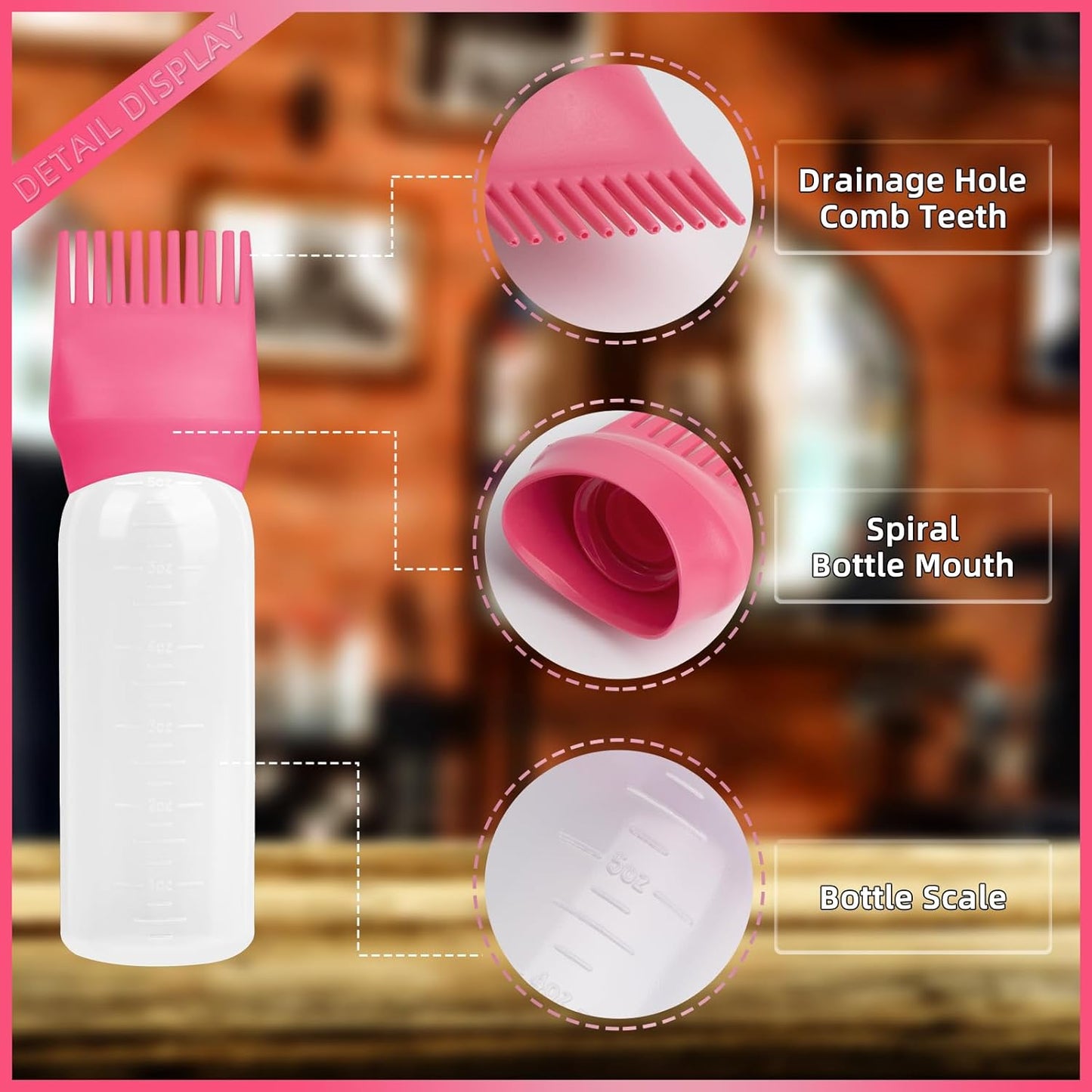 BLAAROOM Root Comb Applicator Bottle 6 Ounce, 4 Pack Hair Oil Applicator Bottle, Hair Dye Bottle Applicator Tools with Hair Oil Dispenser Root Comb Brush for Hair Oiling Applicator - Dark Pink