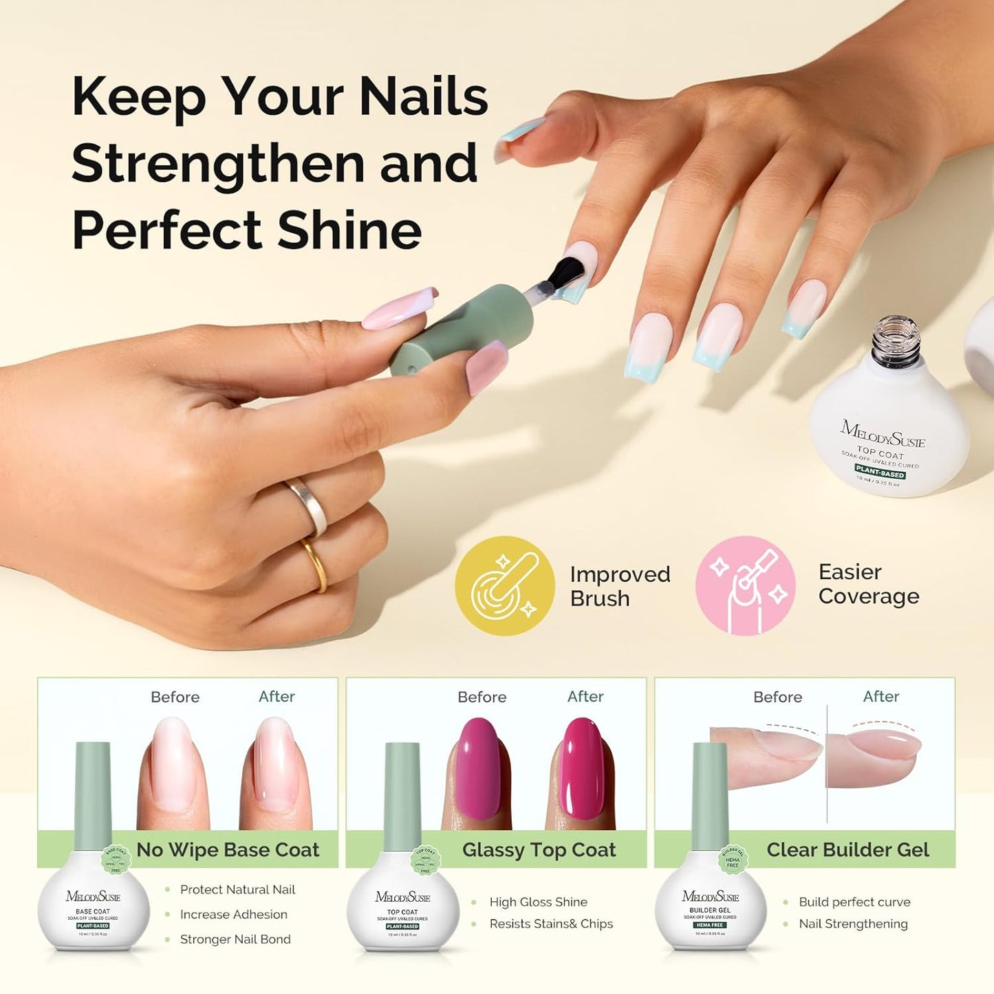 Melodysusie Gel Nail Polish Kit with Cordless UV Nail Lamp, ART06F UV Light for Plant Based Hema Free Fall Nails Polish No Wipe Glossy Top Coat Base Coat Builder Gel Set Manicure Tools Gift for Woman