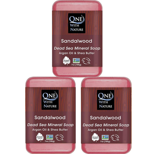 One With Nature Dead Sea Salt Sandalwood Soap 7oz 3-Pack – Purifying and Exfoliating Soap Bar with Dead Sea Minerals and Sandalwood for Face & Body, for Men & Women