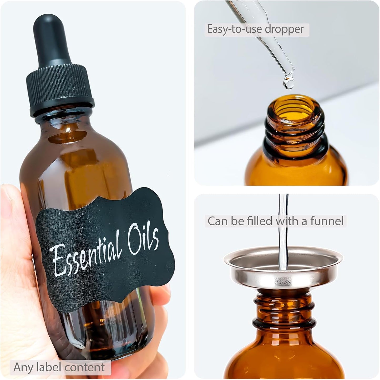 2 oz Amber Glass Dropper Bottles,4 Pack 60ml Empty Reusable Leak Proof Thick Tincture Bottles for Essential Oils,Hair Oil,Liquids,Laboratory,Pharmacist Bottle,Massage,Perfumery Aromatherapy