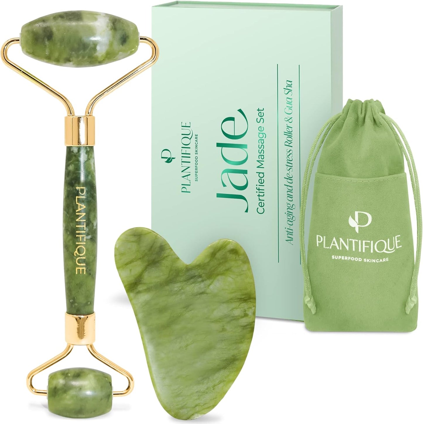 PLANTIFIQUE Jade Roller & Gua Sha Set – Real Jade Facial Tools for Skin Care Routine – Certified Face Massager for Radiant Skin