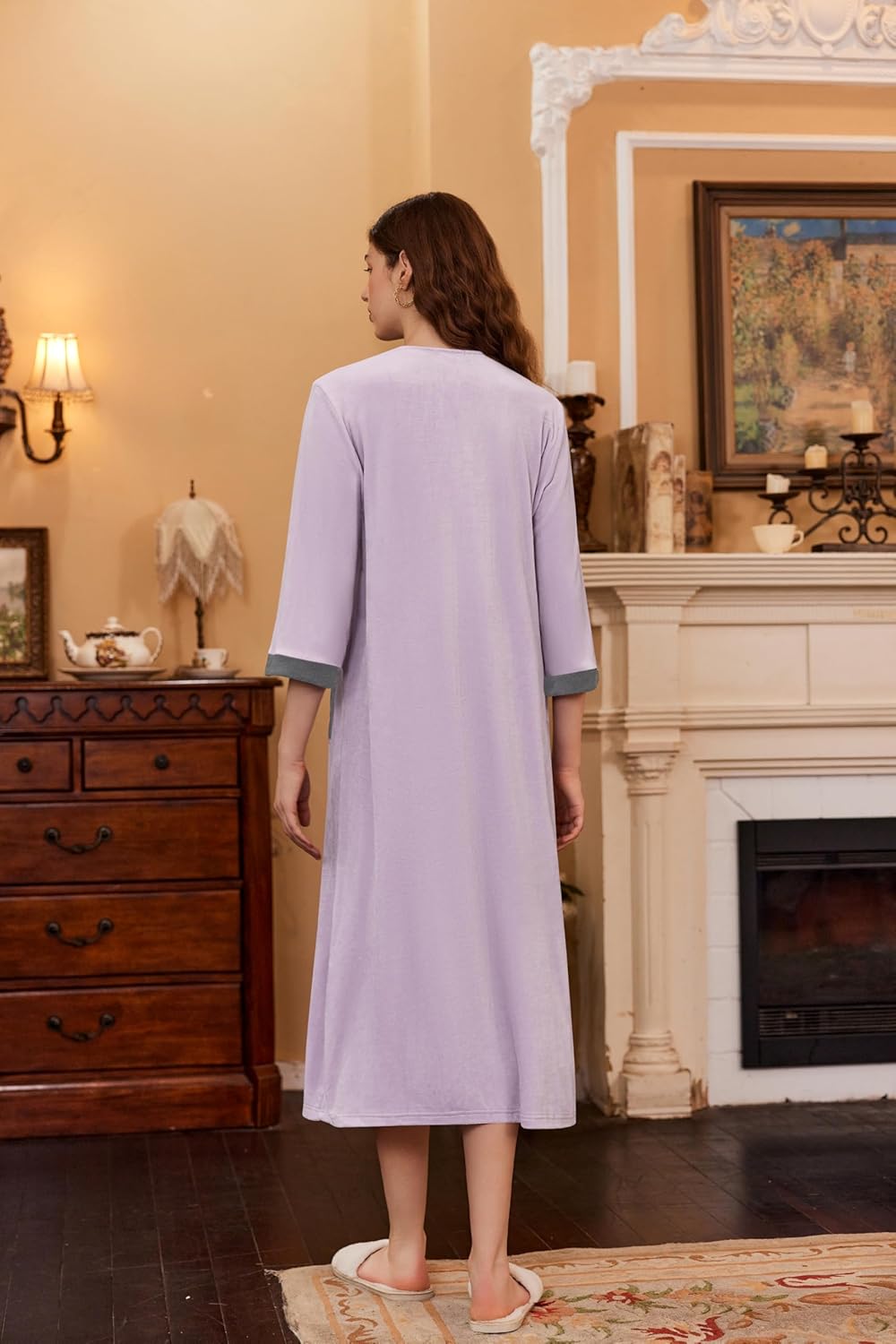 Ekouaer Women Zipper Robe 3/4 Sleeves Loungewear Dress Full Length Sleepwear Pockets Housecoat Nightgown Long Bathrobe