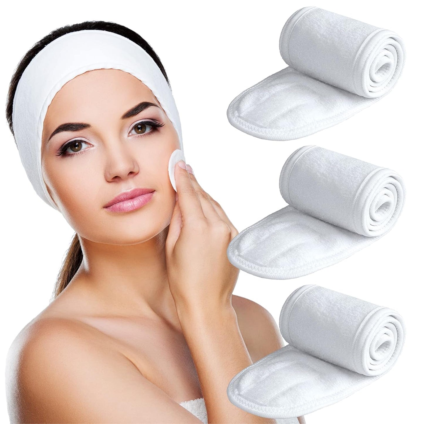 Denfany Spa Headband 3 Pack Ultra Soft Adjustable Face Wash Headband Terry Cloth Stretch Make Up Wrap for Face Washing, Shower, Facial Mask, Yoga (White)