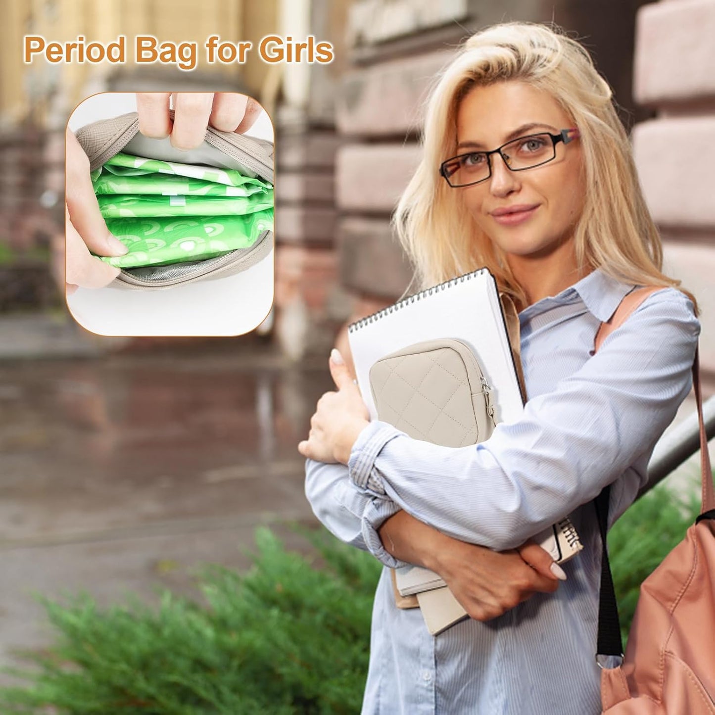 Sanitary Pad Storage Bag, Leather Period Bags for Teen Girls, Portable Tampon Menstrual Cup Pouch Nursing Pad Holder Purse, Sanitary Pouch for Feminine Products, 1 Pack(Beige)