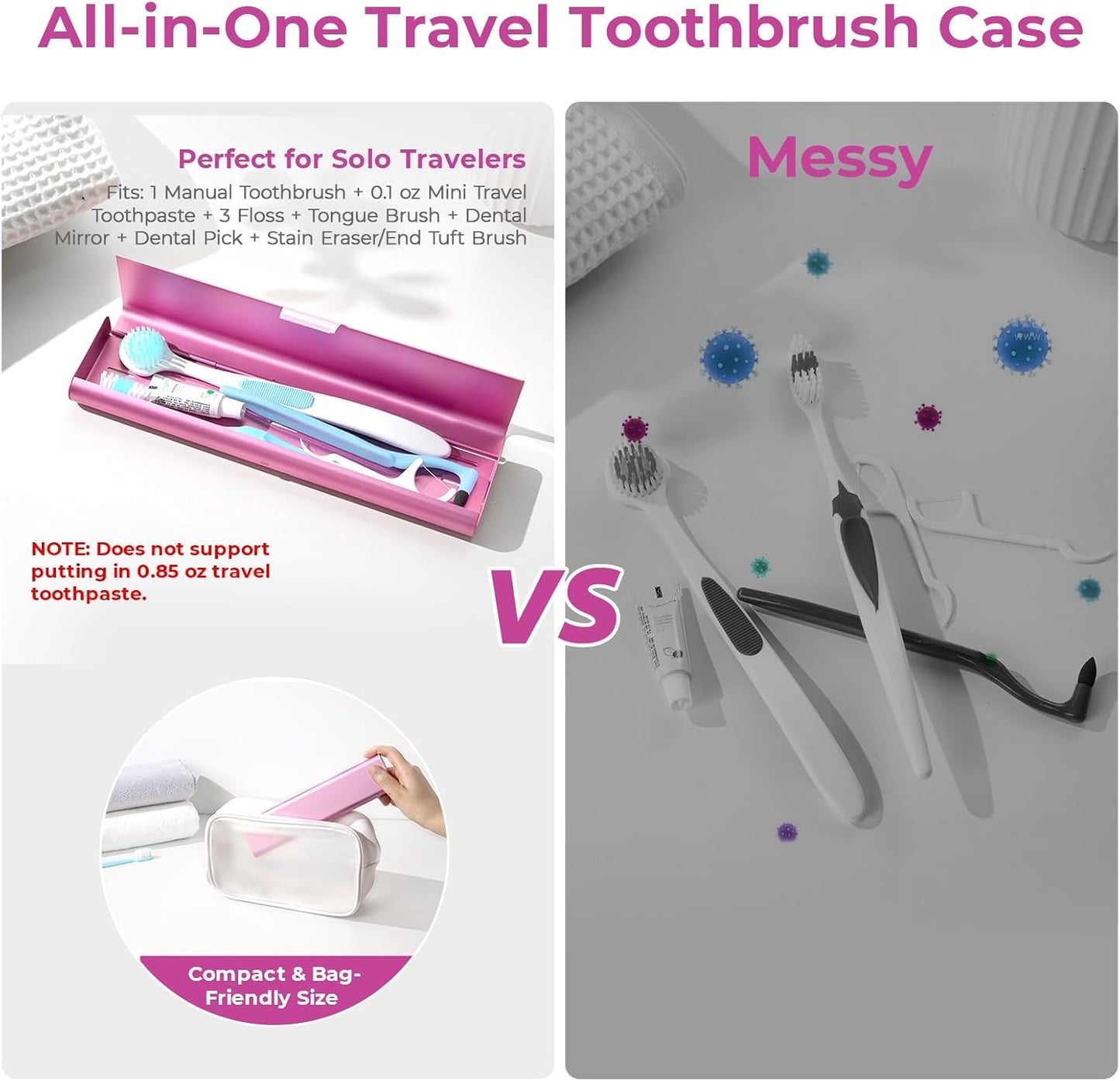 Wider Aluminum Toothbrush Travel Case, Portable Travel Toothbrush Holder, Durable Manual Toothbrush Box Container for Traveling, Bathroom, Camping, Business Trip, Pink