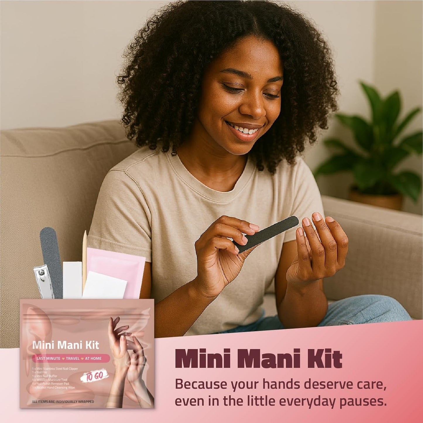 Mini Mani Kit – Disposable Manicure Set with Nail Clipper, File, Buffer, Cuticle Stick & Polish Remover Pad – Compact One-Time Use Nail Care Kit for Travel, Purse, Desk, or Car (Black Purse)