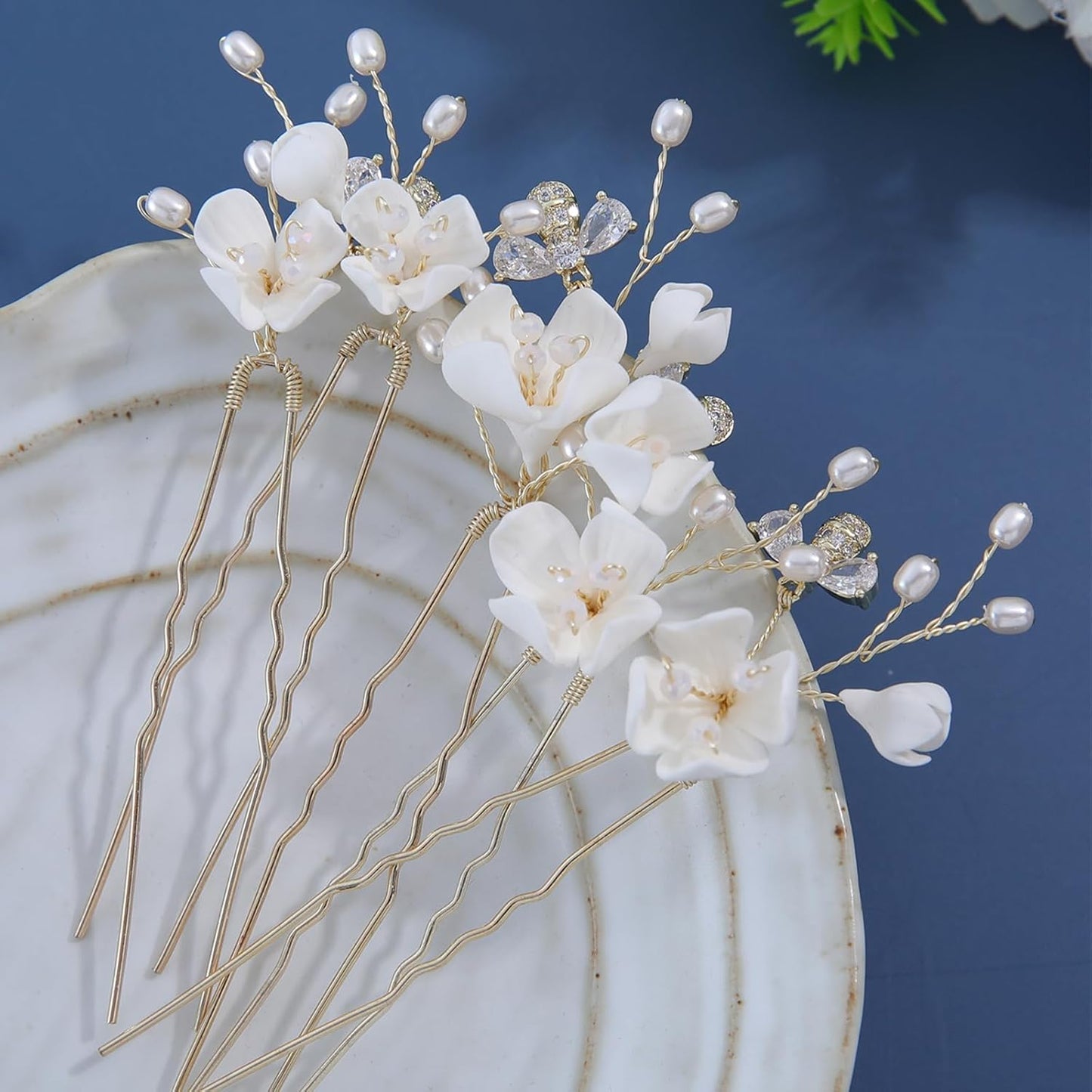 Handmade Bridal Wedding Hair Pins 5Pcs White Flower Zircon Pearl Hair Clips Bridal Hair Accessories for Women Girls Brides Bridesmaid