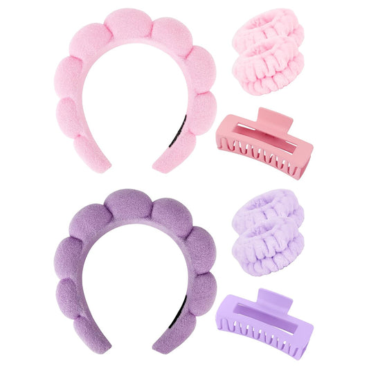 Wecoe Pink Purple Spa Headband And Wristband Set Skincare Headband For Washing Face Hair Claw Clips For Thick Hair Cute Puffy Sponge Bubble Makeup Head Band Wrist Towels Scrunchies For Women Girls