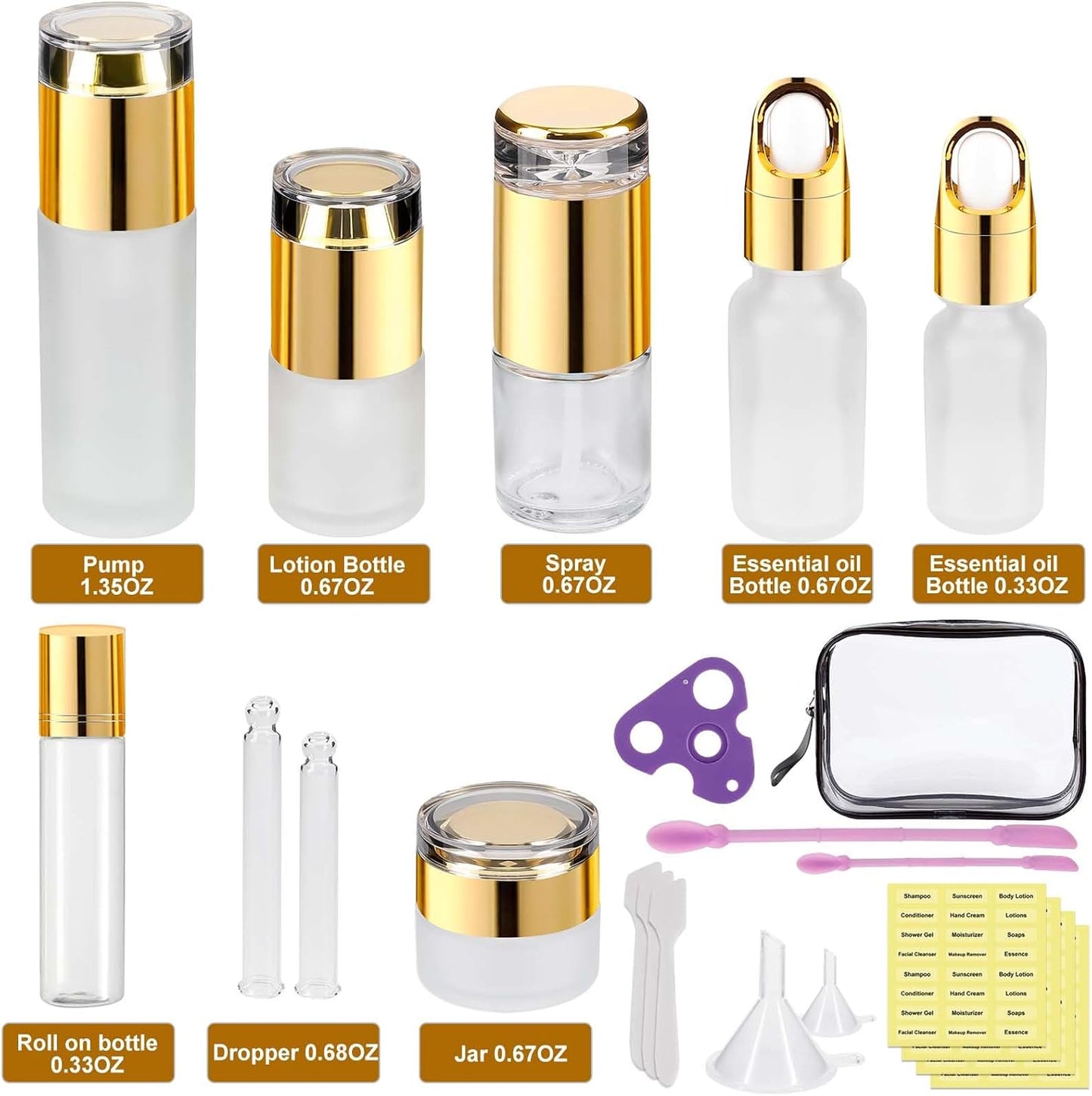 30 Pack TSA Approved Glass Travel Skincare Containers, 1.3/1/0.7/0.3oz Refillable Traveling Size Containers with Pump, Jars & Essential Oil Bottle in Clear Zip Bag, Leak-Proof for Creams & Liquids