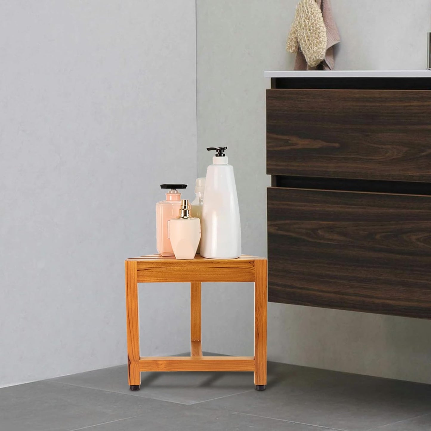 VaeFae Teak Shower Corner Bench, Wooden Foot Rest, Shower Bench for Shaving, Corner Shower Stool for Inside Shower, Bathroom