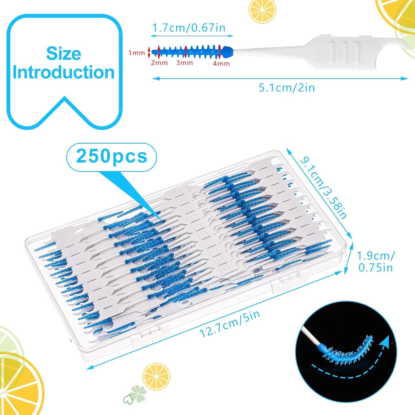 250 Pieces Dental Floss Picks, Silicone Interdental Brushes with Case Dental Brushes Dental Picks Blue Tooth Floss Picks for Teeth Cleaning(Blue)