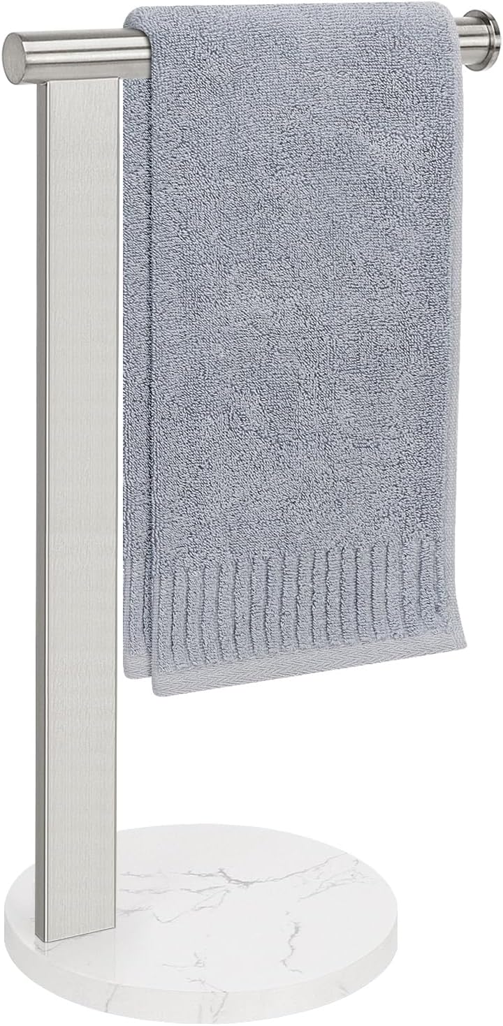 Hand Towel Holder Stand for Bathroom, L- Shaped Standing Hand Towel Rack, Towel Bar Kitchen Vanity Countertop Organizer, SUS304 Stainless Steel Material (Marble Base, Brushed Nickel)