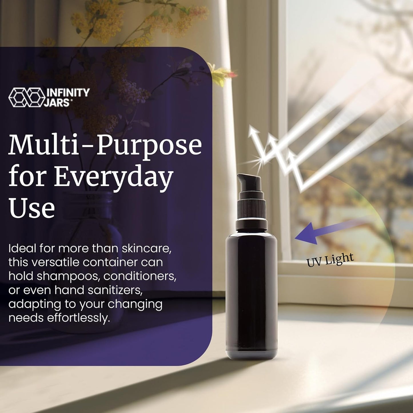 Infinity Jars 50 Ml (1.7 fl oz) Refillable Ultraviolet Black Glass Pump Bottles Leak-Proof Travel Containers for Toner, Sanitizer, Beard Oil, Hair Serum, Essential Oils