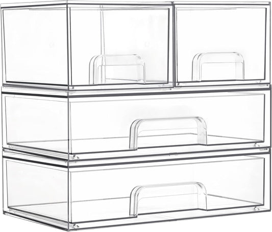 Vtopmart Stackable Storage Drawers Set of 4, Clear Plastic Organizer Bins for Bathroom Supplies,Ideal for Cabinet,Pantry,Laundry Room Organization