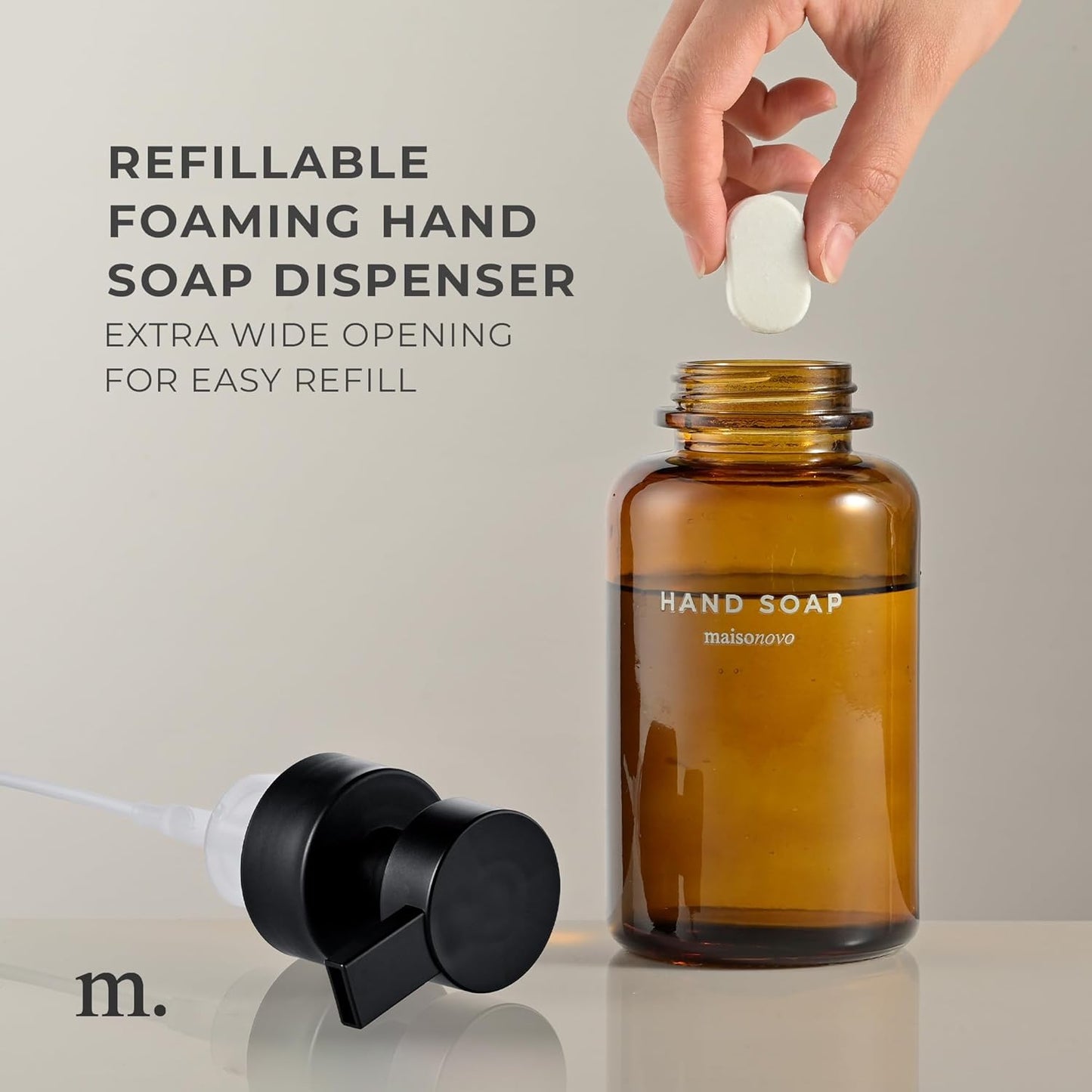 MaisoNovo Glass Foaming Hand Soap Dispenser 14 Oz | Amber Foaming Soap Dispenser Black Plastic Pump x 1 w/Labels