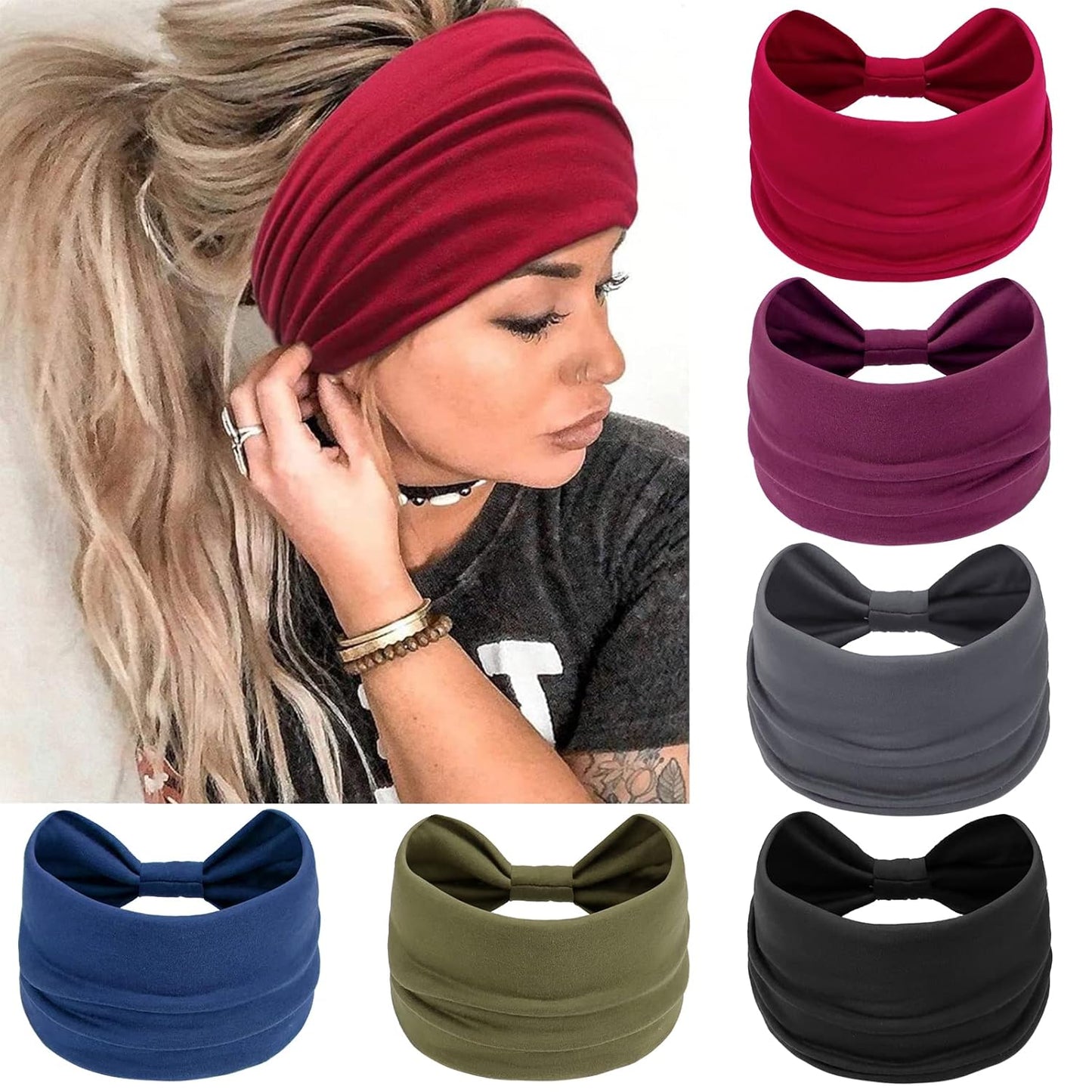 Wide Headbands for Women Knotted No Slip Head Bands Soft Turban Headband Hair Accessories Boho African Solid Color Head Wraps for Women Yoga Workout Pack of 6 (Fashion)