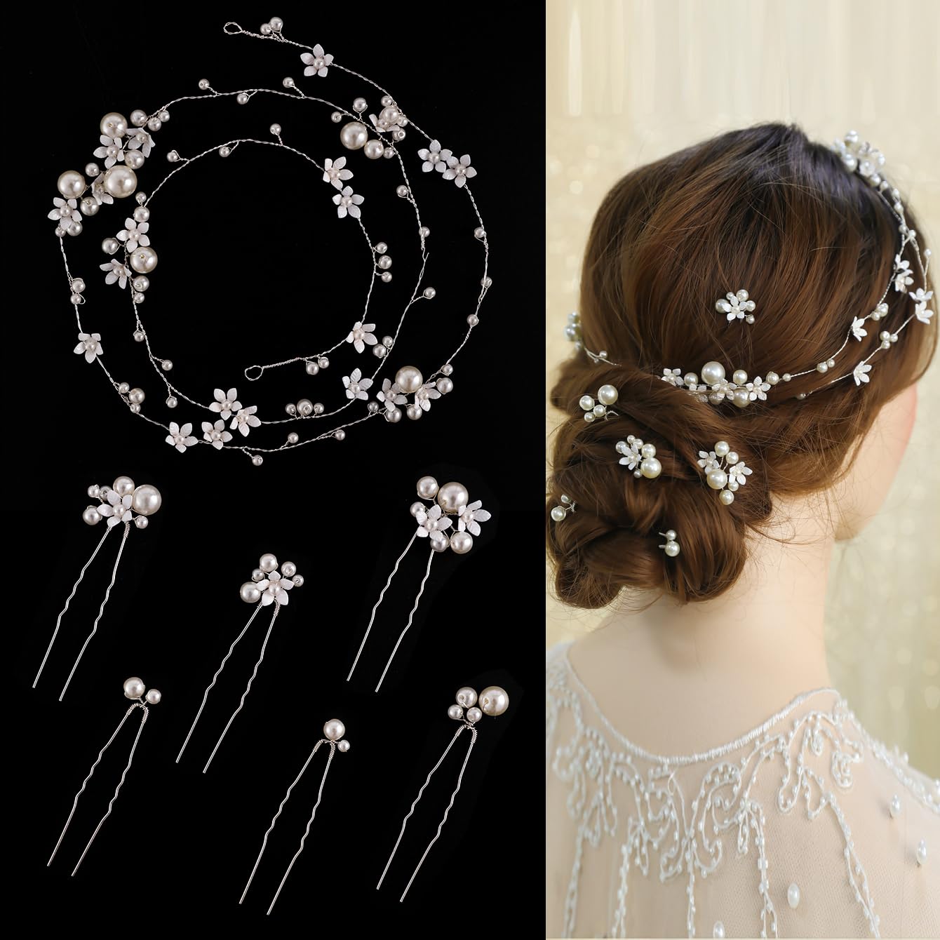 Handmade Pearl Hair Vine Set, 7 Pcs Hairband with Sparkling Pins for Women and Girls, Wedding Hair Accessories, Bridal Headband, Headpieces Crystal for Special Occasions