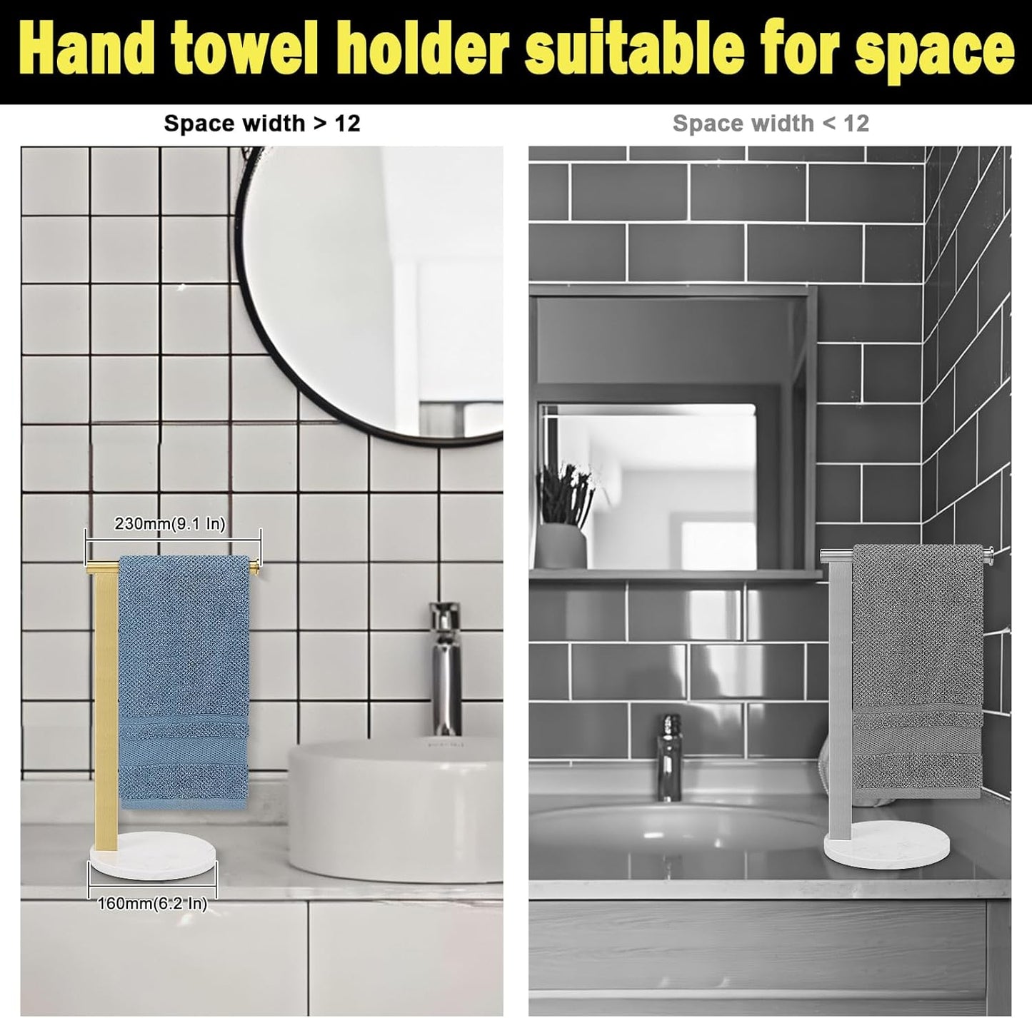 Stainless Steel L-Shaped Hand Towel Holder, SUS304 Bathroom Towel Rack with Thickened Base for Countertop Vanity (Gold)