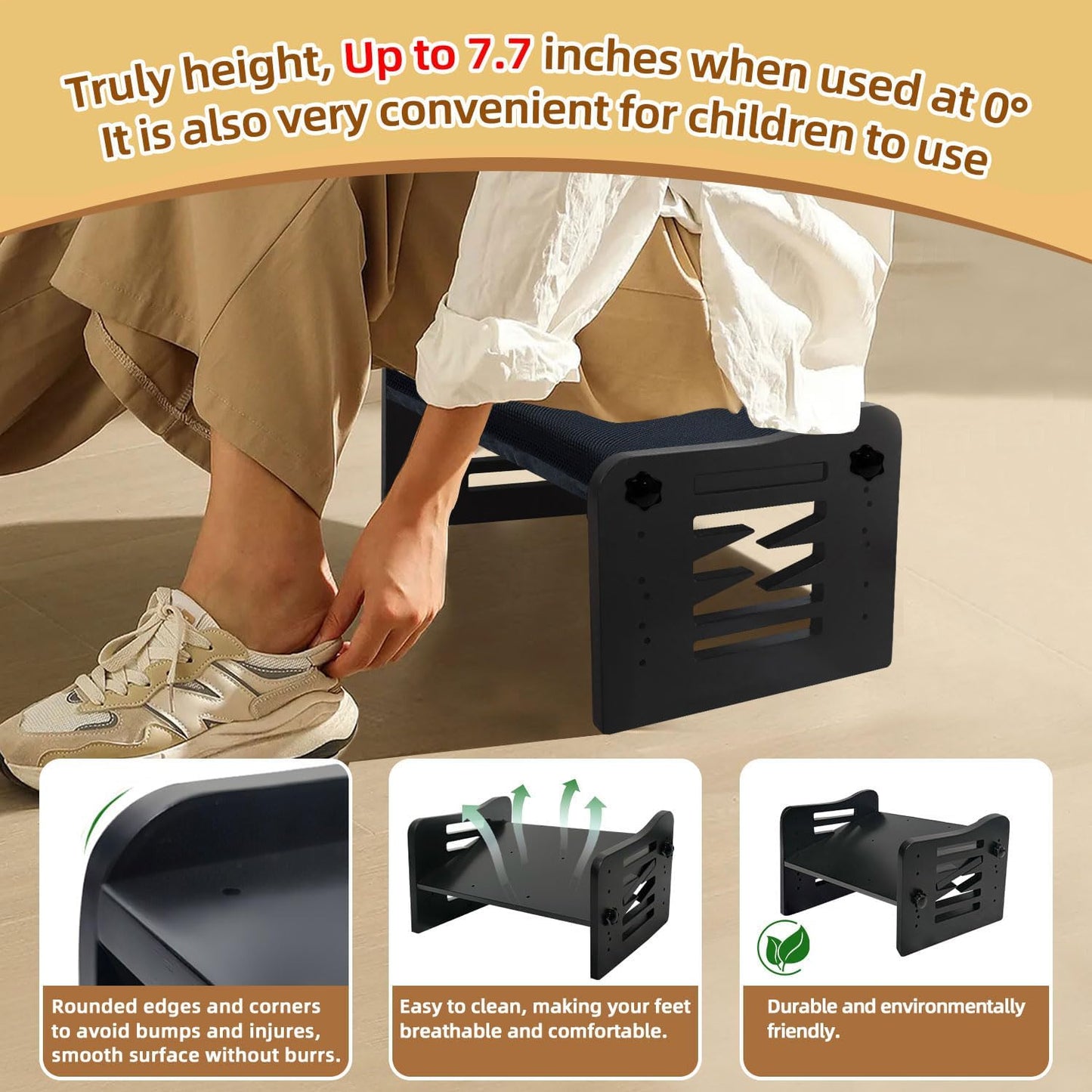 Myplace Bamboo Adjustable Under Desk Footrest with Memory Foam Pad - Ergonomic Foot Rest with 7-Level Adjust, Slanted Foot Rest Stool for Home Office Kitchen Bedroom (Black)