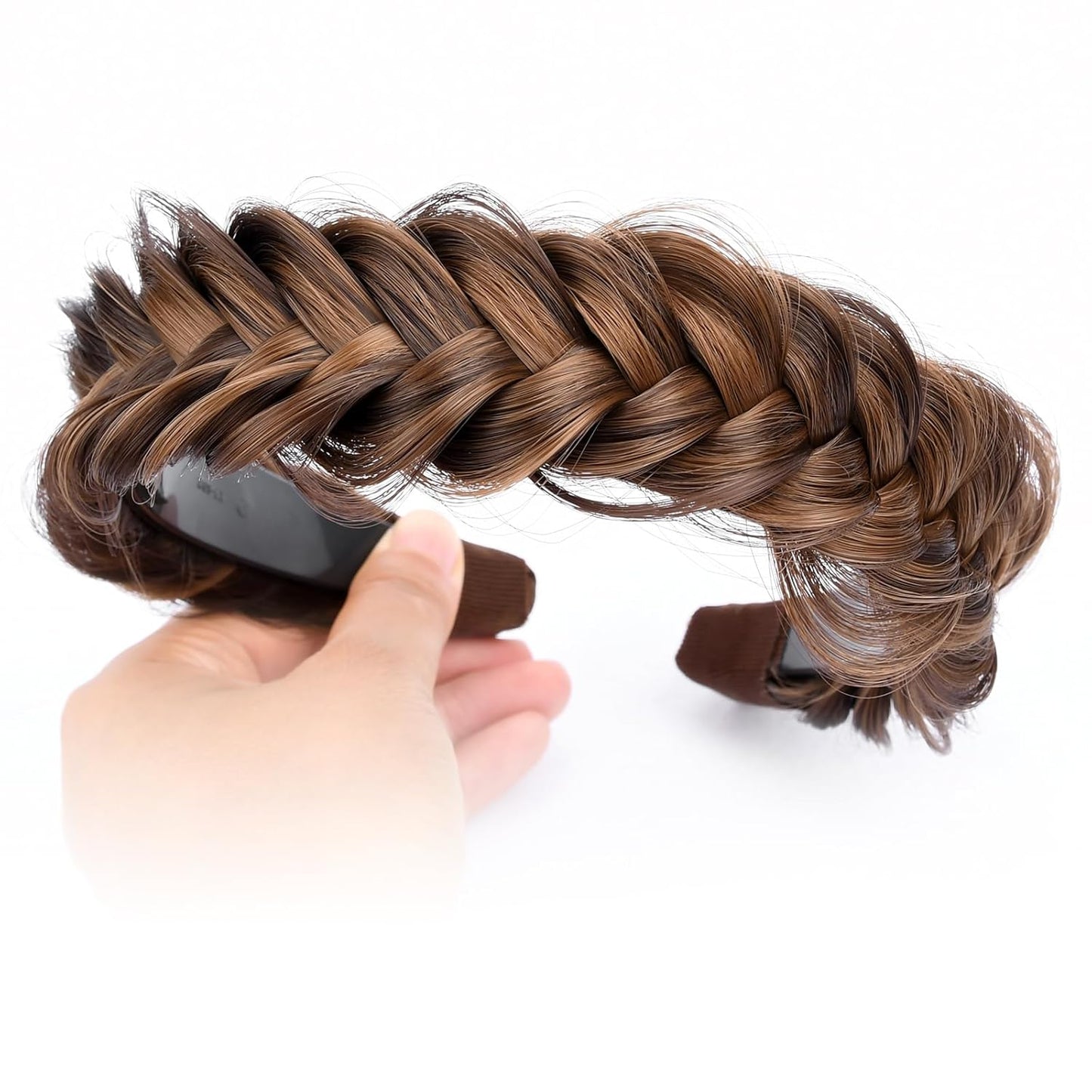 DIGUAN Wide Messy Braided Headband With Teeth Synthetic Hair Plaited Headband High Elasticity Braids Chunky Fishtail Braided Hair Band for Girls Women (Chocolate Toast)