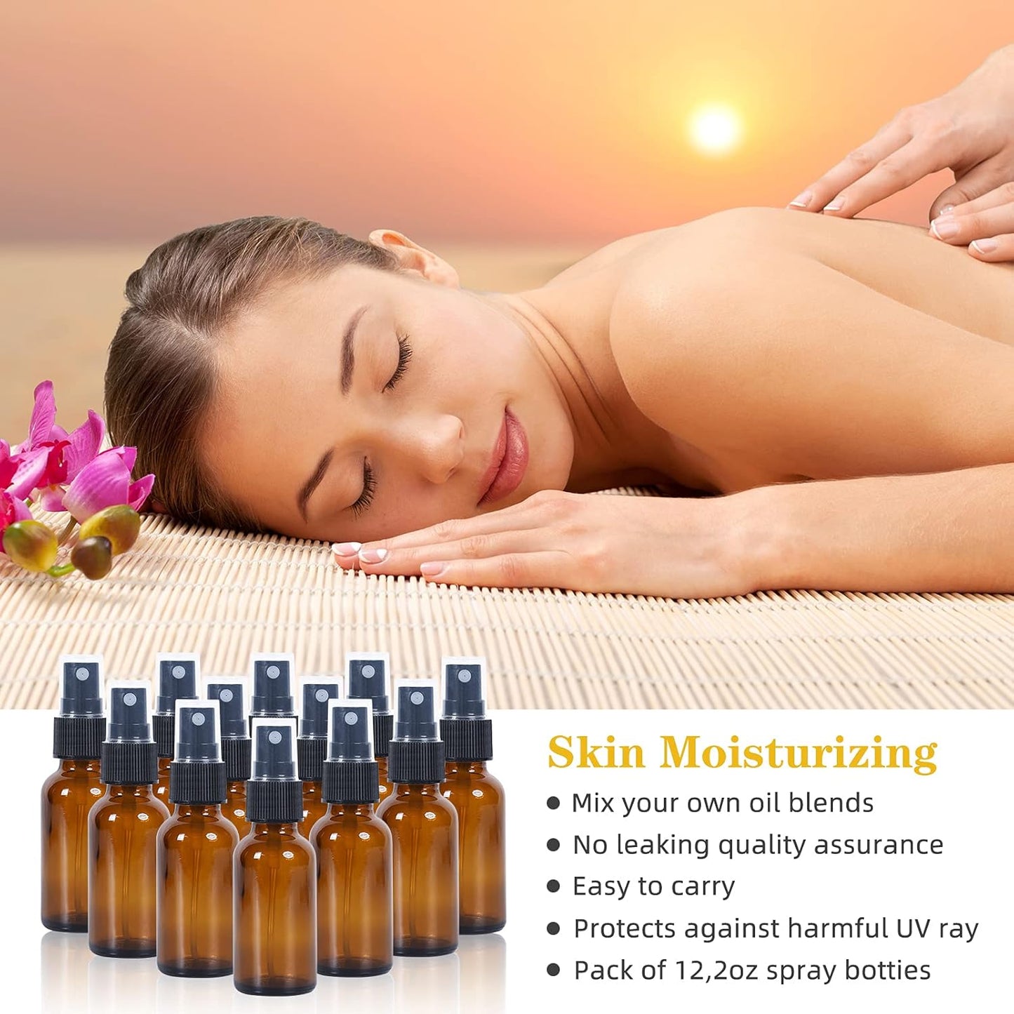 2oz Glass Spray Bottle, Fine Mist Boston Glass Bottles with Black Fine Mist Sprayer Small Clear Bottles for Essential Oils, Bath, Beauty, Hair & Cleaning, Amber, Pack of 12