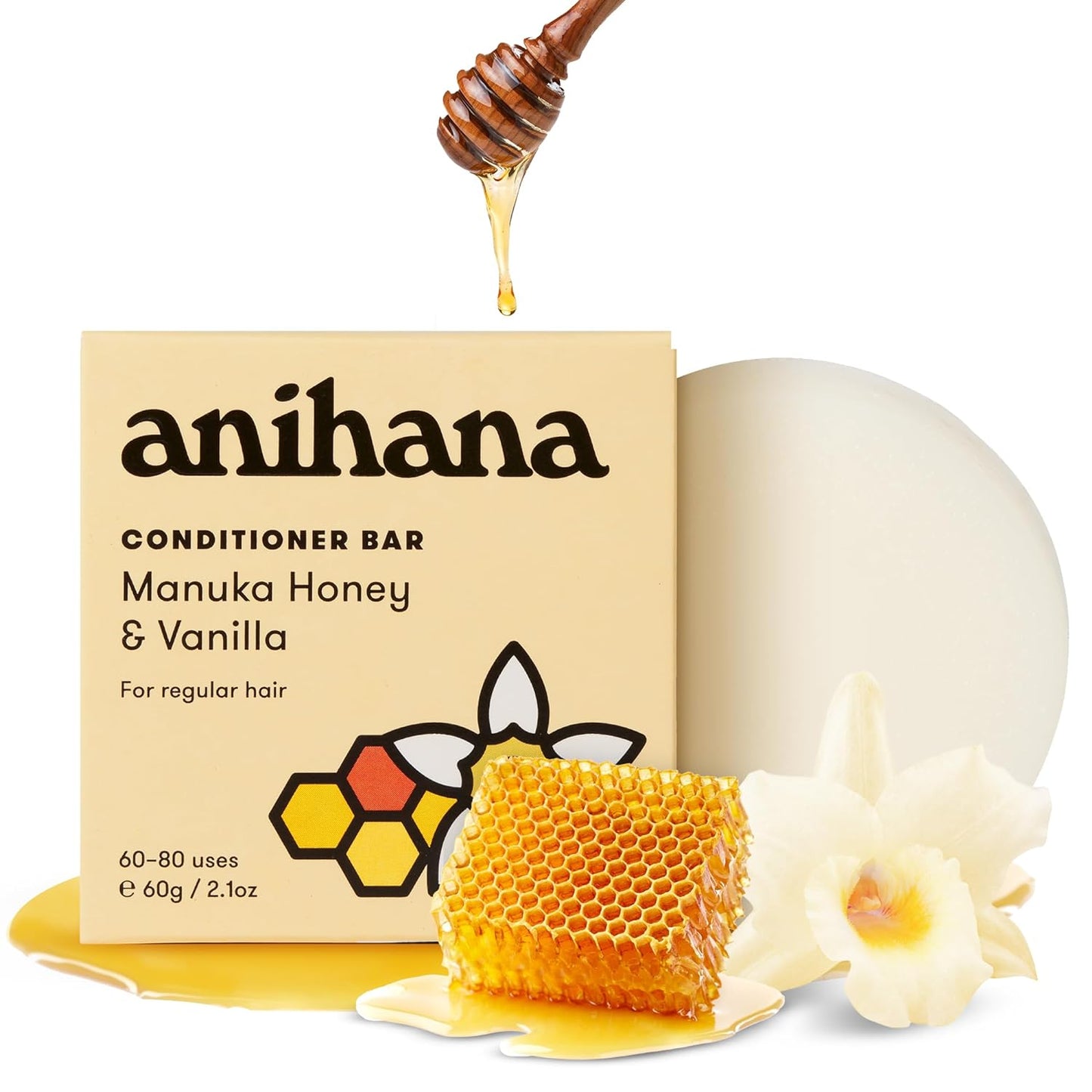 ANIHANA Conditioner Bar for Regular Normal Hair Clean Purifying Natural Healthy Look and Shine Paraben Free Manuka Honey and Vanilla 2.1 oz