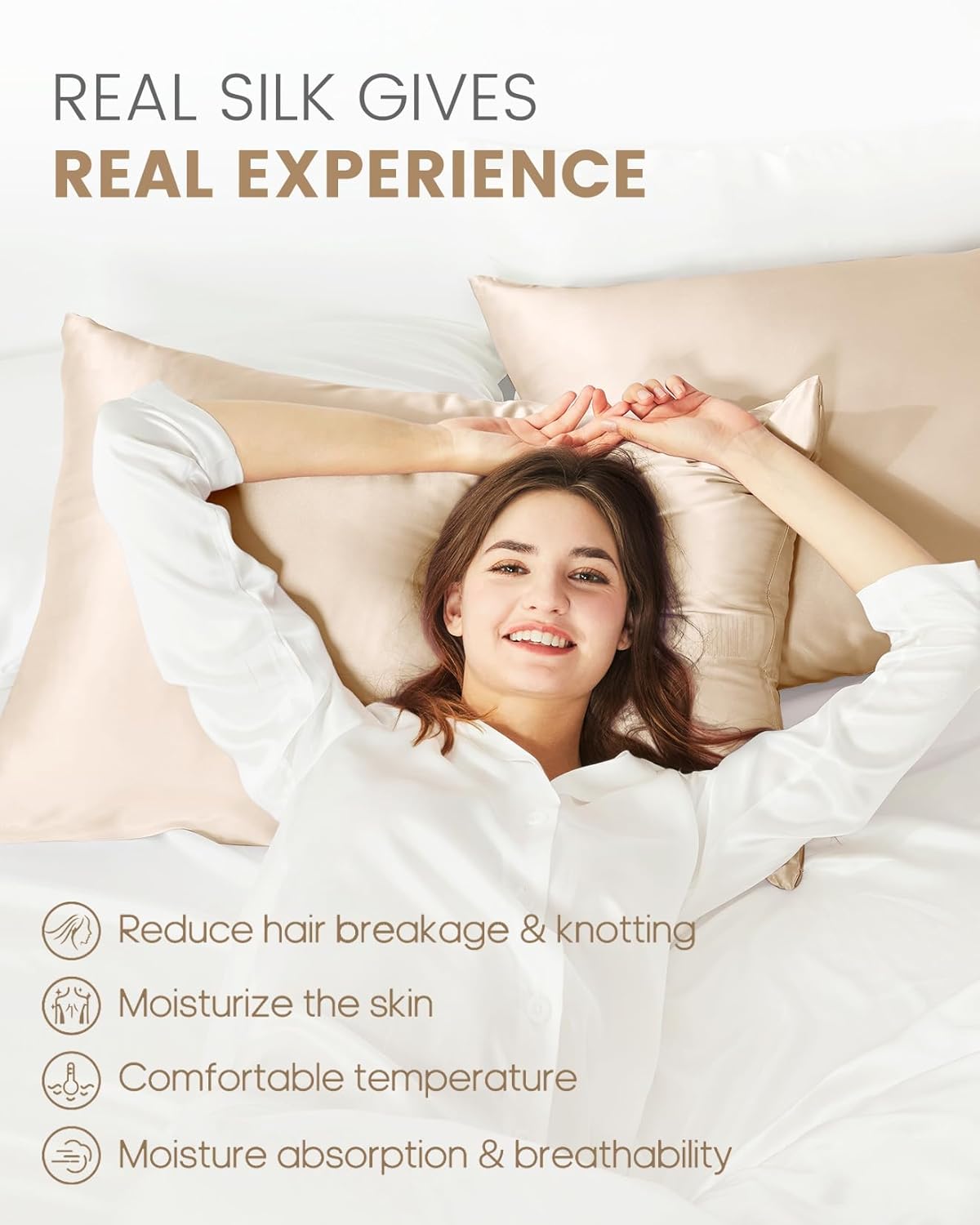 THXSILK Silk Pillowcase for Hair and Skin, 100% Mulberry Silk Bed Pillowcase Grade 6A+, Hypoallergenic Soft Breathable Silk Pillow Case with Hidden Zipper, King Size Pillow Case(Beige)