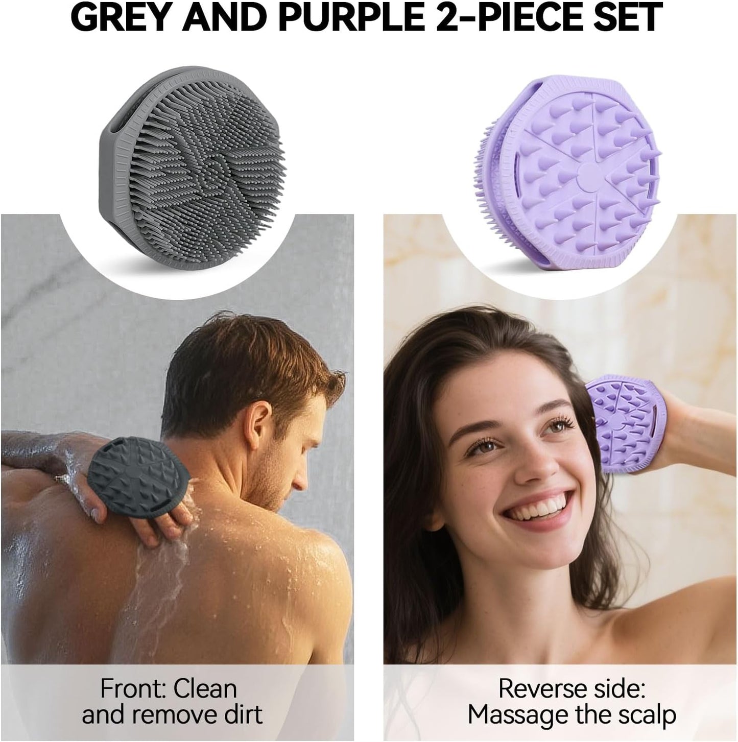 2-Pack Soft Silicone Dual-Sided Body Scrubber & Loofah | Gentle Exfoliating Shower Brush for Men & Women | Creates Rich Lather, Easy to Clean (Gray & Purple)