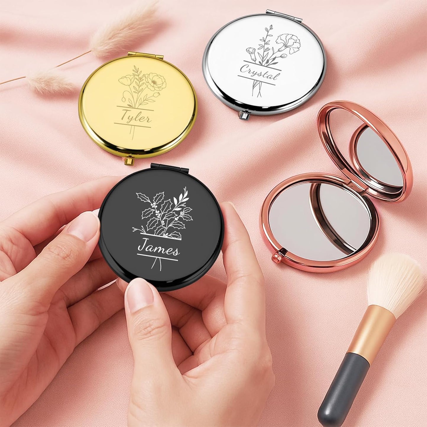 Personalized Compact Mirror, Custom Engraved Birth Flower & Name Pocket Mirror for Women, Double-Sided 1X/2X Magnifying Metal Pocket Makeup Mirrors, Small Travel Mirrors, Birthday