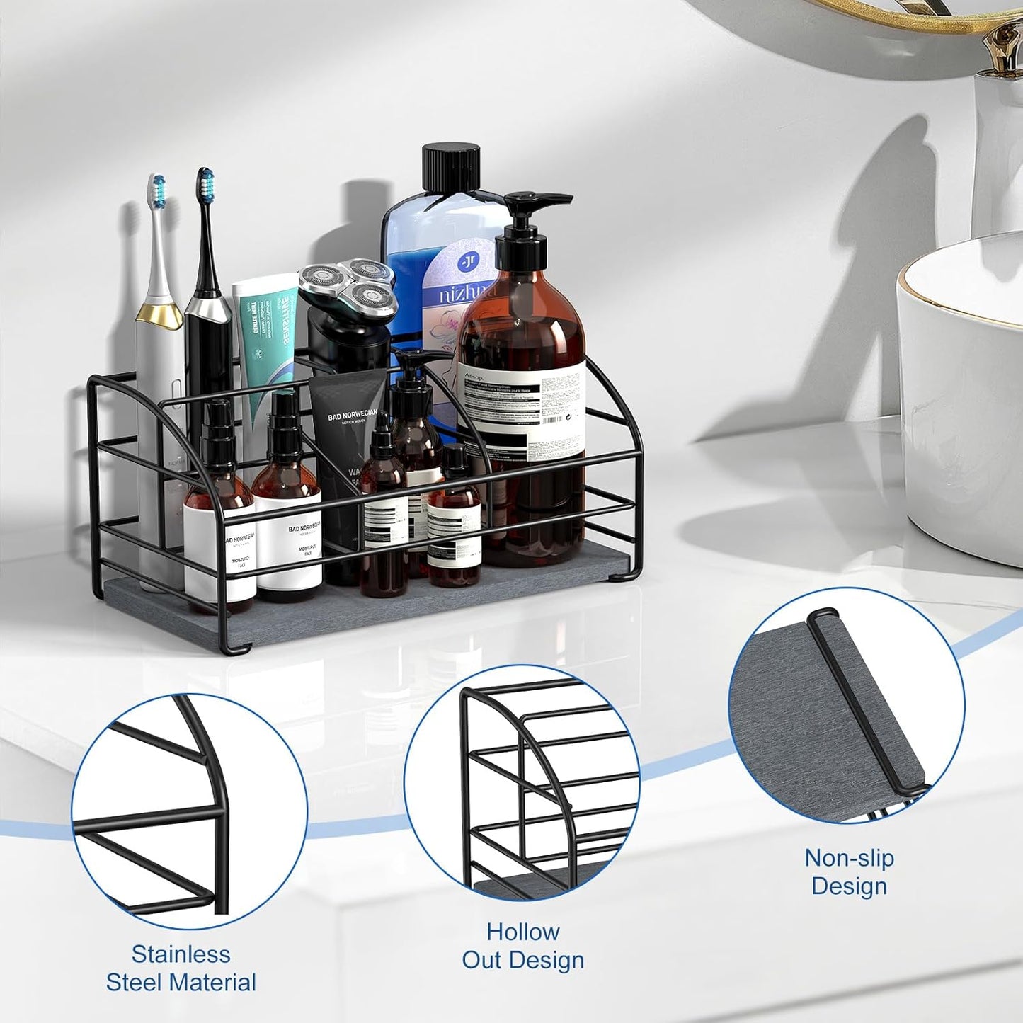 Luxspire Toothbrush Holders, 5 Slots Bathroom Counter Organizer with Diatomaceous Earth Tray, Stainless Steel Toothbrush Holder for Bathroom Kitchen Dressers Accessories, Black