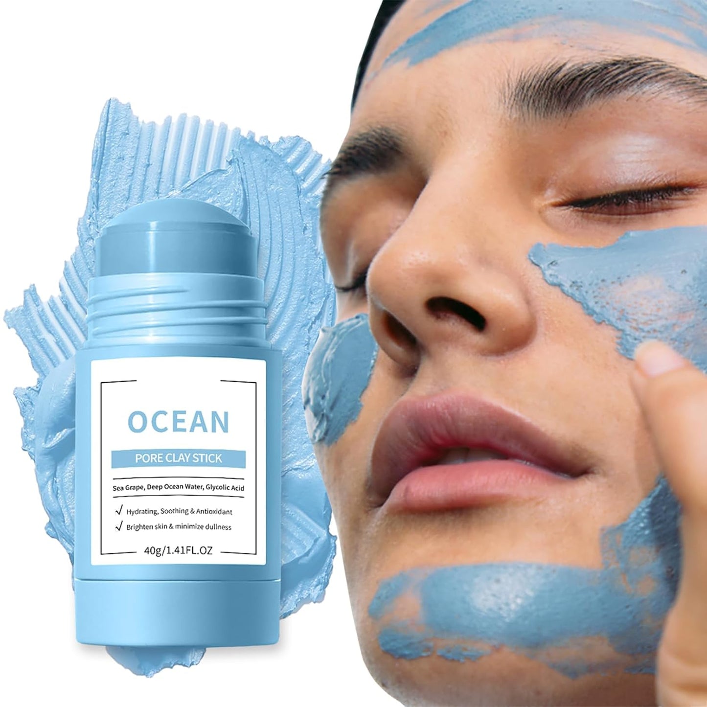Clay Mask Stick, Deep pore Cleansing, Exfoliator Blackhead Remover Pore Cleanser Gentle Exfoliation Skin Brightening, Hydrating & Moisturizing Face Mud Mask for All Skin Types, Men & Women (Blue)