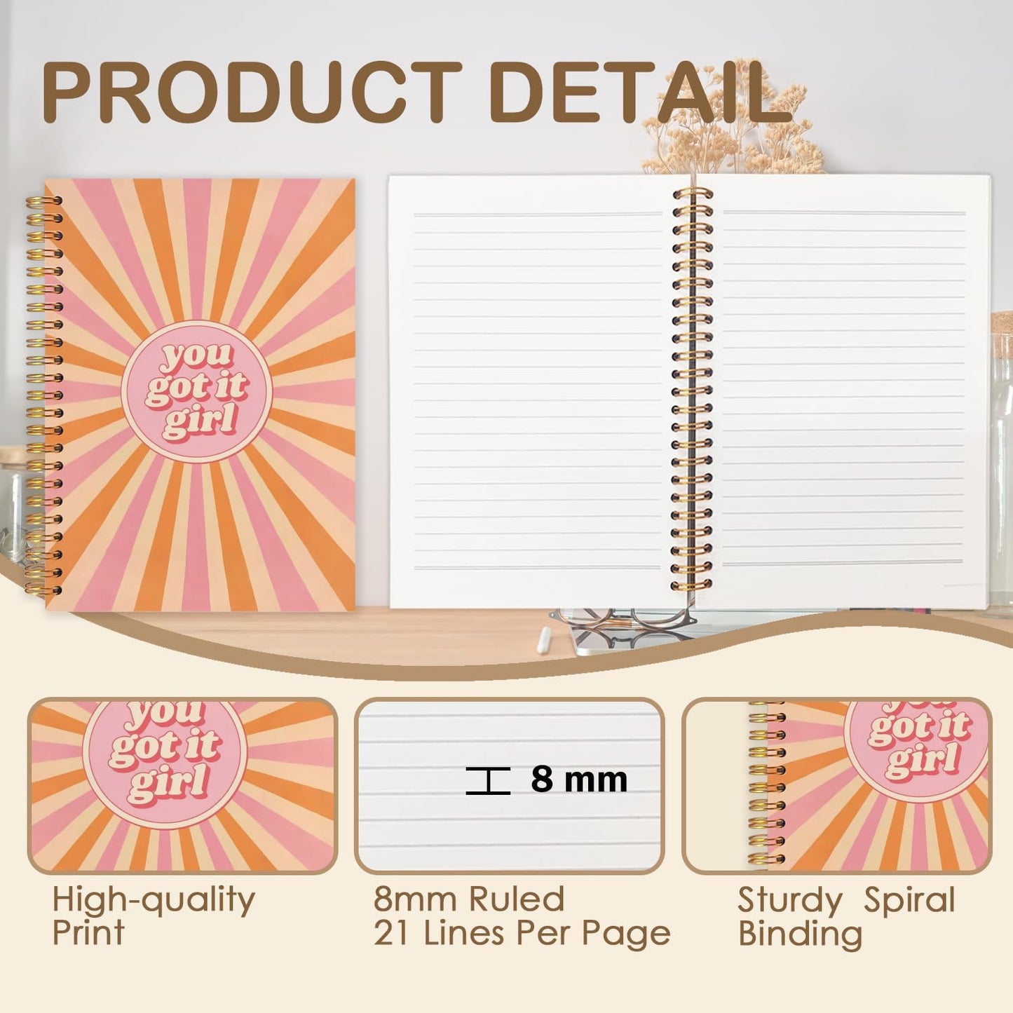 Inspirational Girl Spiral Journal Notebook 5.5x8.3in, Retro Boho Sunshine You Got It Girl Motivational Journal, Inspirational Gifts Notebooks for Women Note Taking, Hardcover Notebook