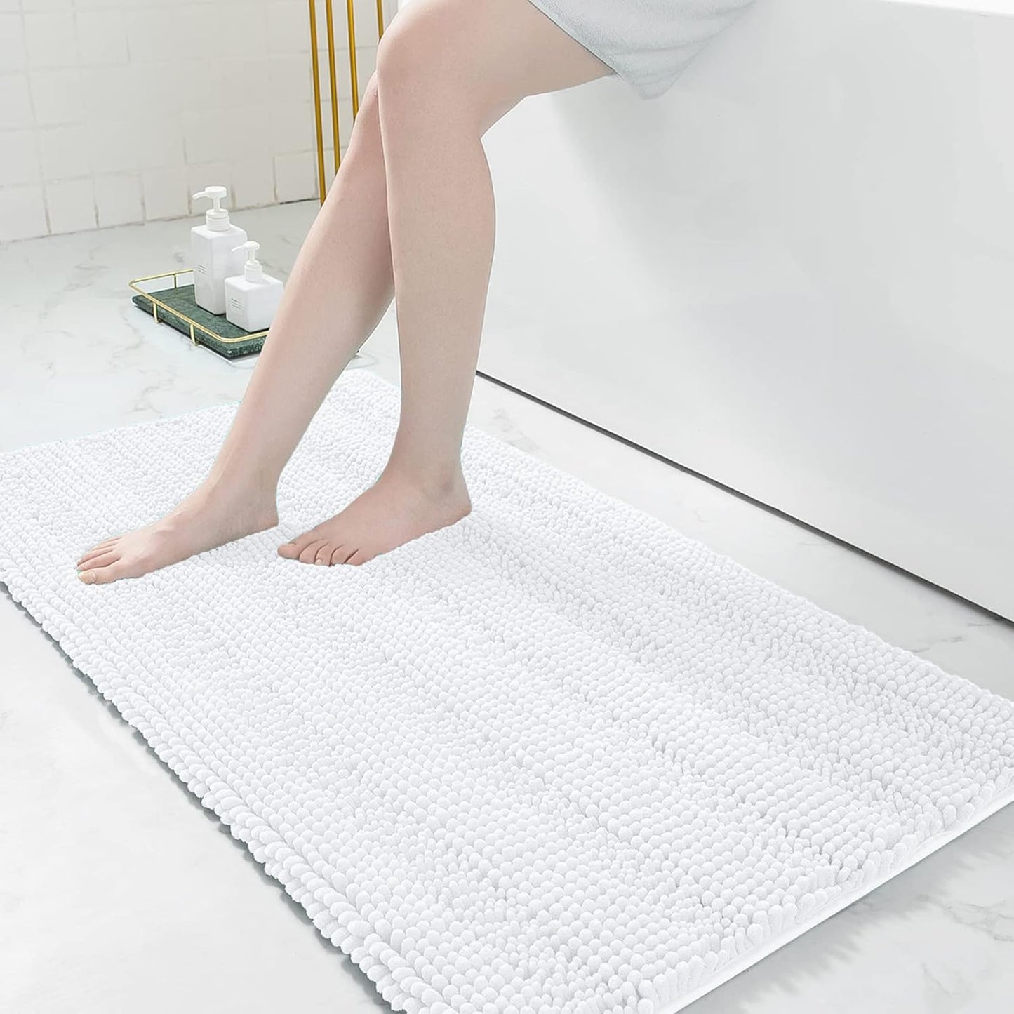 Grandaily Chenille Striped Bathroom Rugs 47x24, Extra Thick and Absorbent Bath Mats, Non-Slip Soft Plush Shaggy Shower Carpet, Machine Wash Dry, Bath Rug for Bathroom, White