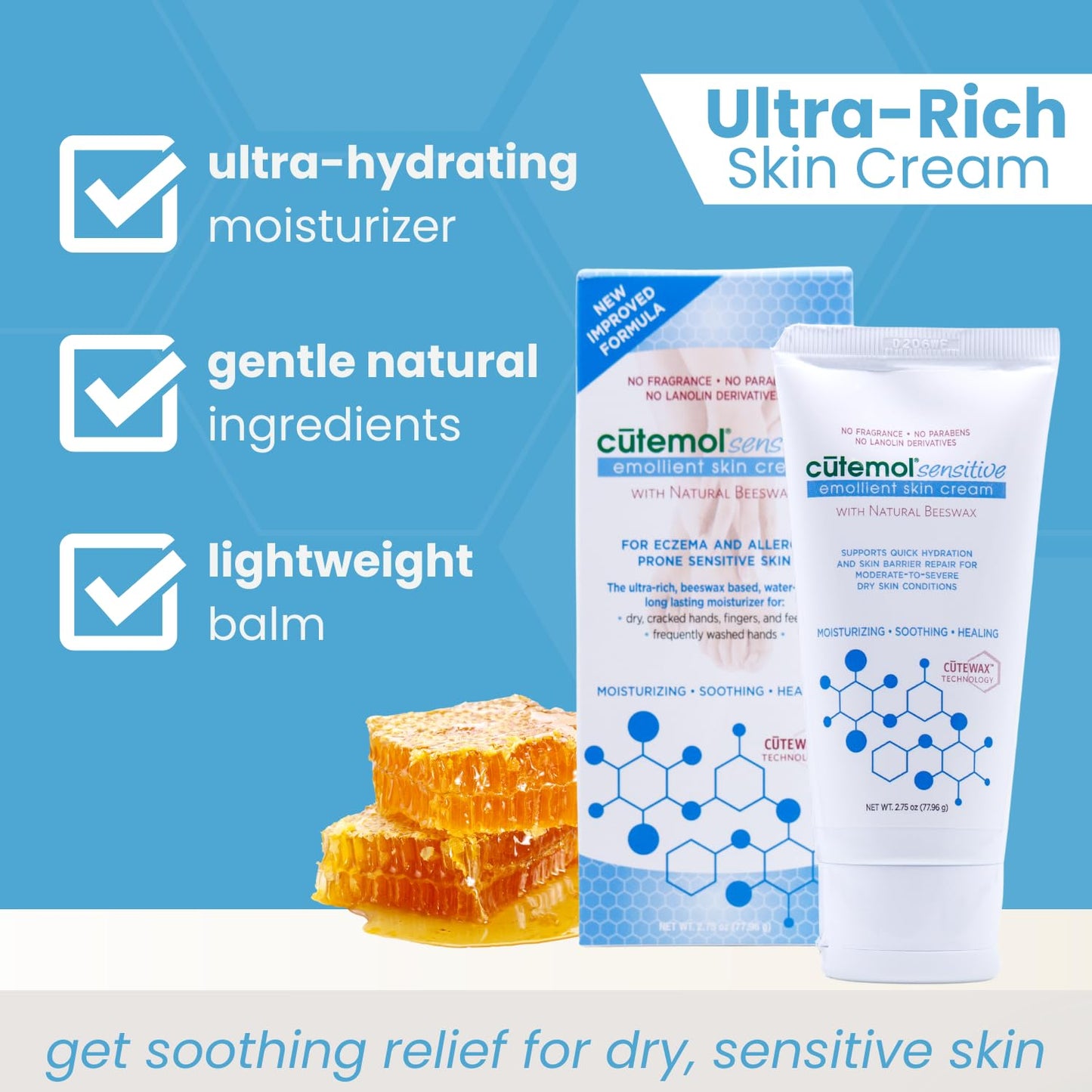 Cutemol Emollient Moisturizer for Sensitive Skin - Serious Moisturizing Cream for Damaged Skin Recovery - Fragrance Free Hydration for Cracked Hands & Feet, Eczema, Psoriasis & Dry Skin (2.75 oz)