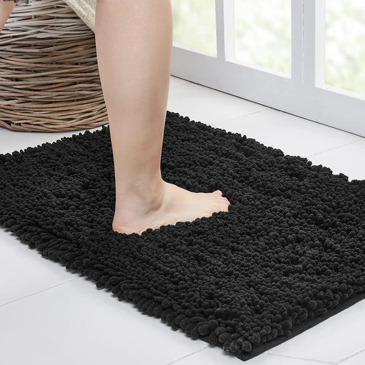 Walensee Large Bathroom Rug Non Slip Bath Mat (24x60 Inch Black) Water Absorbent Super Soft Shaggy Chenille Machine Washable Dry Extra Thick Perfect Absorbant Best Plush Carpet for Shower Floor