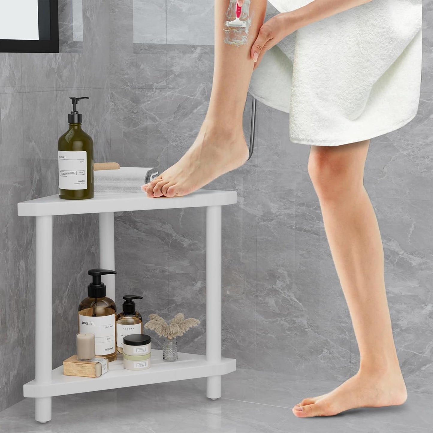 Bamboo Corner Shower Stool for Shaving Legs, 2-Tier Shower Stool for Inside Shower, Shower Foot Stool with Storage Shelf(White)