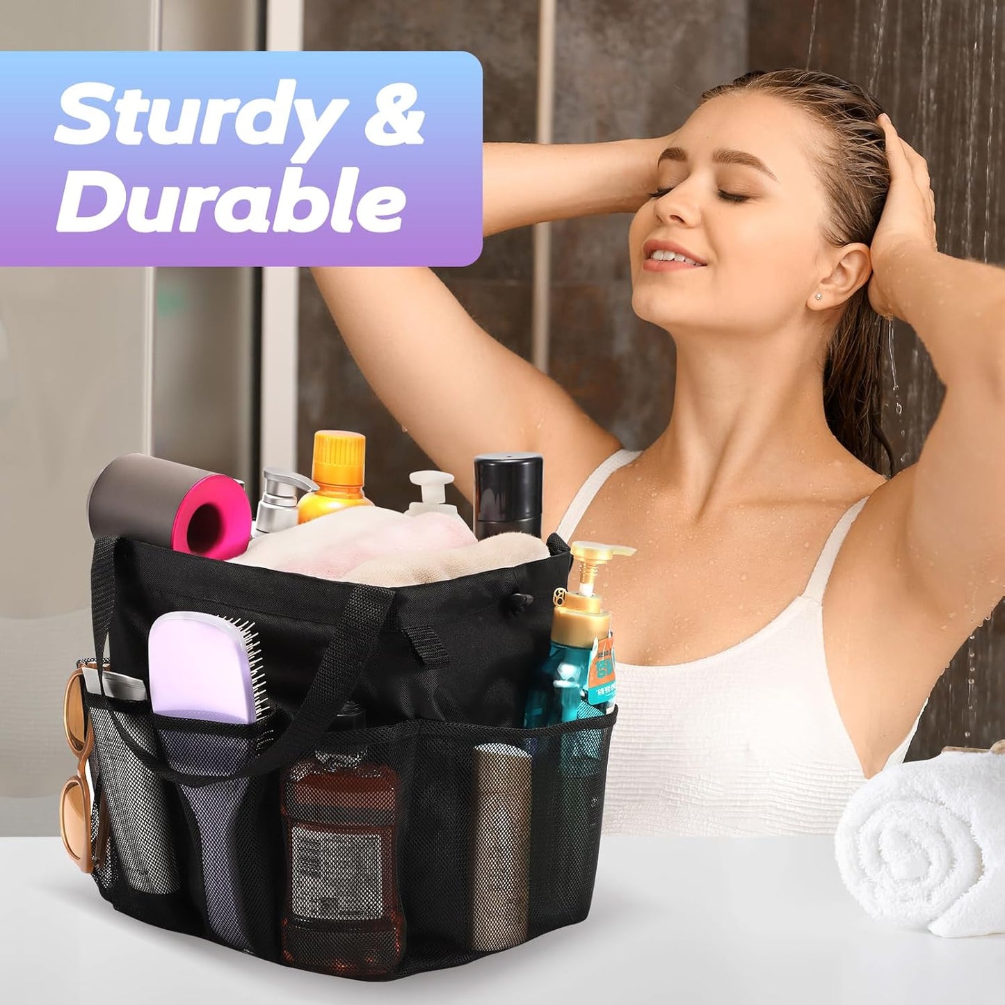 Mesh Shower Caddy Portable, Dorm Room Essentials for College Students, Large Capacity with 8 Pockets Shower Bag for Camping,Swimming,Gym,Travel