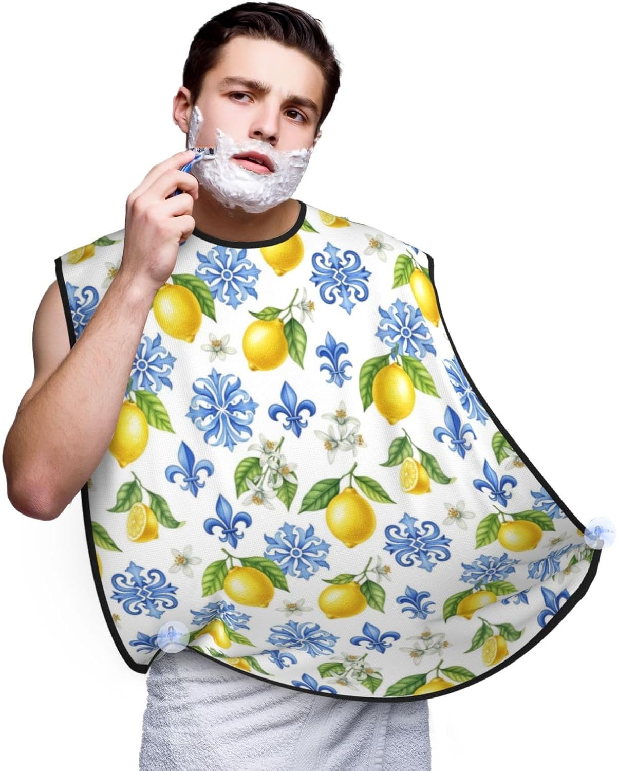 Adjustable Non-Stick Beard Apron, Hair Catcher Cape for Shaving Grooming, Waterproof with Suction Cups Men, Watercolor Blue White Flowers Lemon Tree Leaf Floral Shave Bib