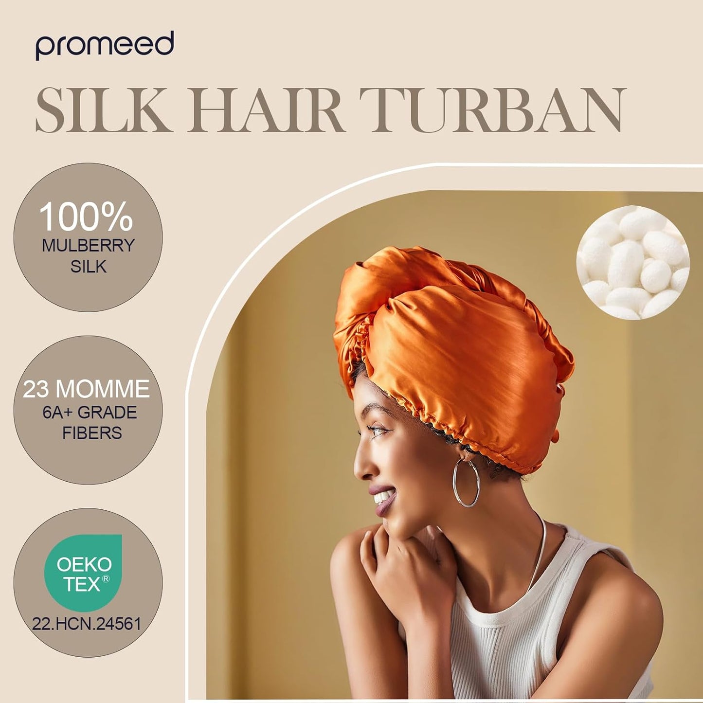 PROMEED Long Silk Hair Turban with Hyaluronic Acid Infusion, 100% 23 Momme Mulberry Silk Bonnet Hair Wrap for Sleeping