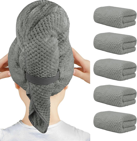 HOMEXCEL 5 Pack Large Microfiber Hair Towel Wrap for Women, Grey- 40 x 20 inches Super Soft, Fast Drying Turbans for Long, Thick, Curly Hair - Anti Frizz Wrap with Elastic Strap