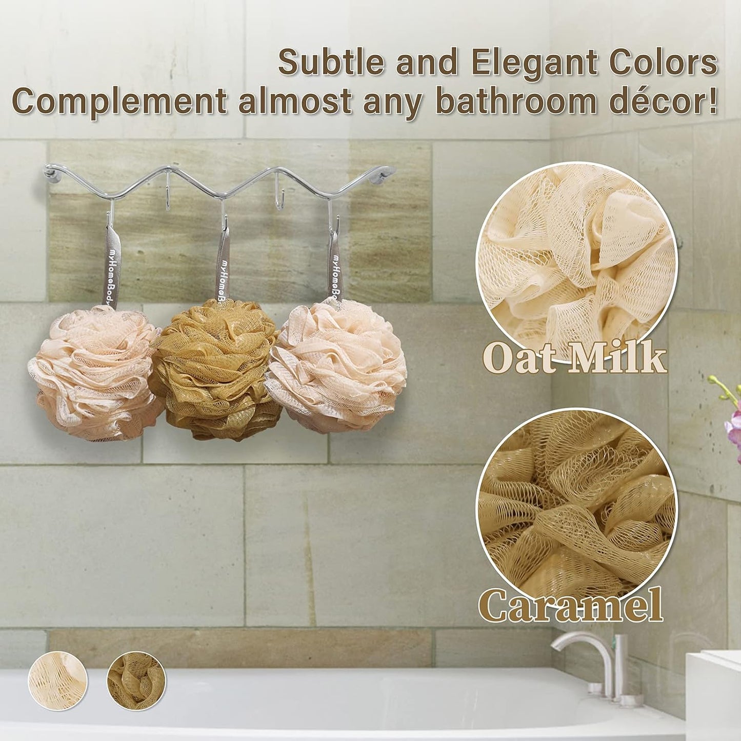 myHomeBody Large 70g Loofah Sponge, Body Scrubber, Bath Sponge, Loofah for Women, Men, Exfoliating Sponge Shower Pouf with Activated Charcoal - 2 Oat Milk + 1 Caramel, 3 Pack