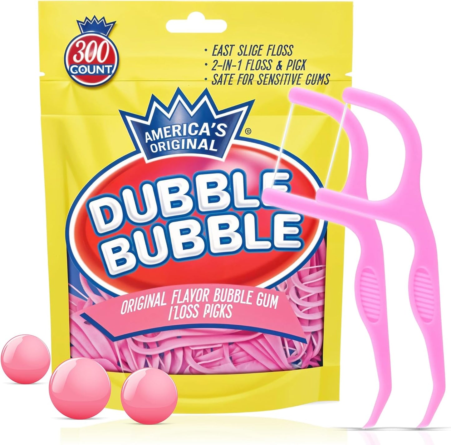 Flavored Floss Picks, 300 Count, Dental Floss Picks for Teeth with Fun Fruit Flavors, Flosser Picks for Adults and Children, | Bubble Gum Flavor