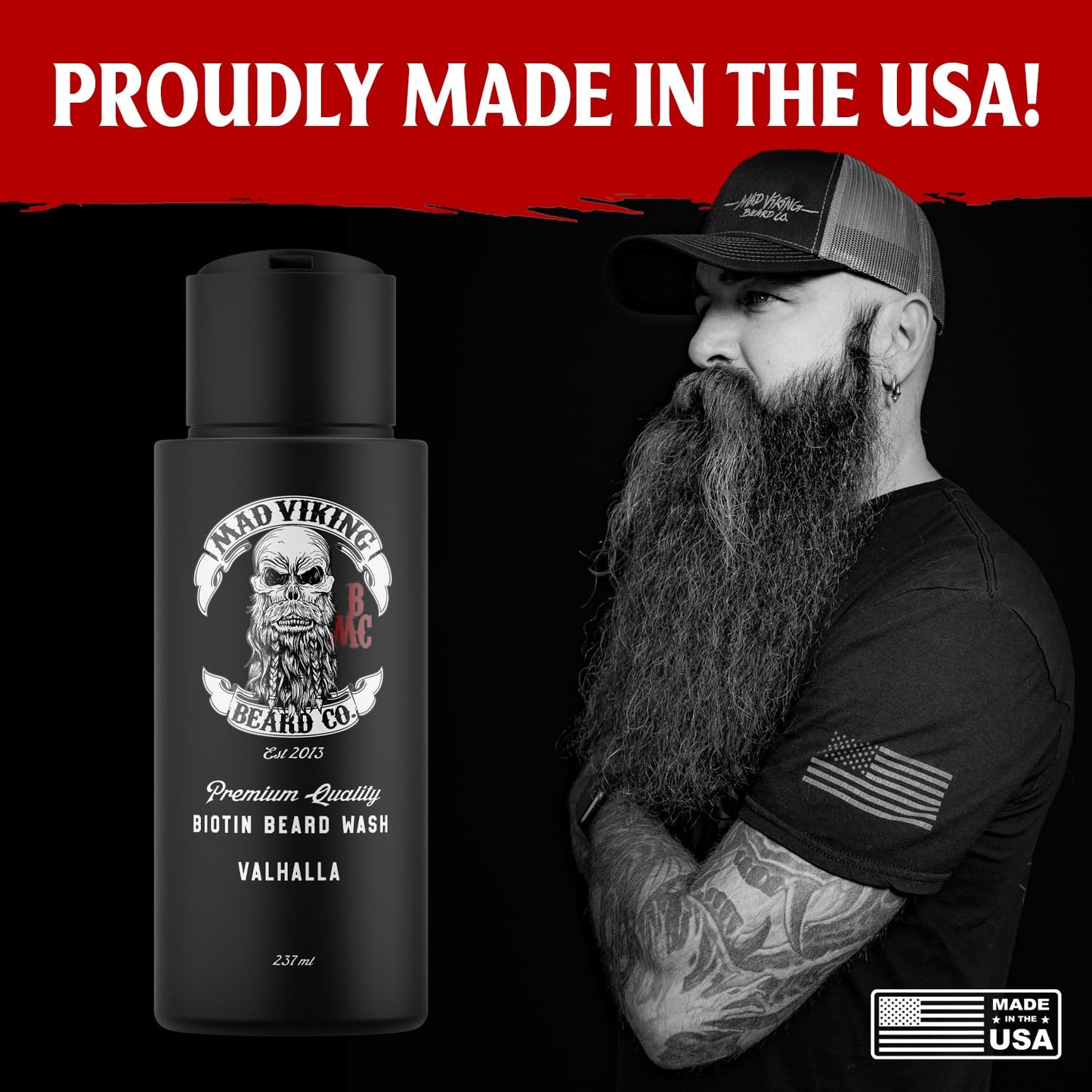 Mad Viking Valhalla Biotin Beard Wash – Deep Moisturizing Cleanse - Grow a Healthy Beard - Made with Premium Ingredients to Fight Itch and Dandruff - Sandalwood & Vanilla Scent, Made in the USA - 8oz