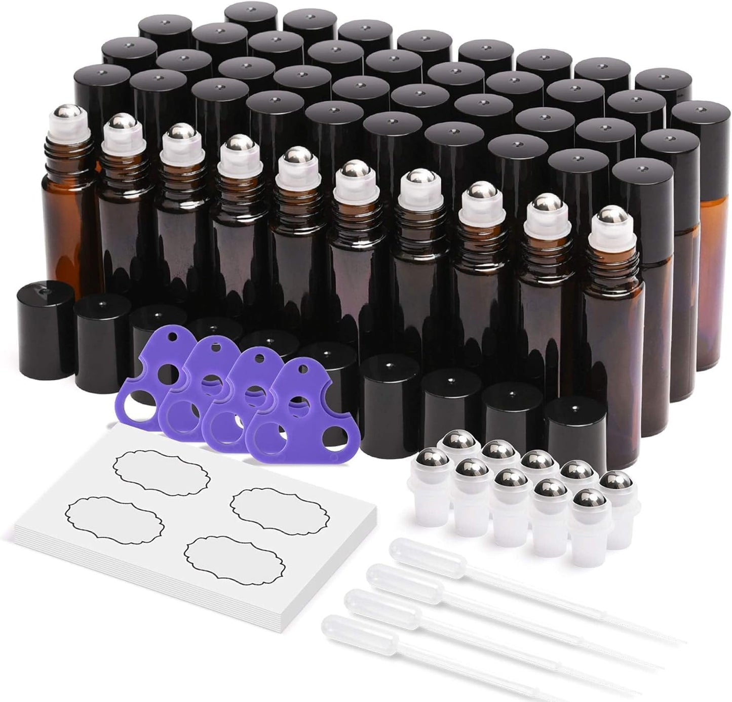 ULG 48-Pack Essential Oil Roller Bottles 10ml, Empty Bottles with Stainless Steel Roller Balls and Waterproof Labels, Amber Roller Balls For Essential Oils
