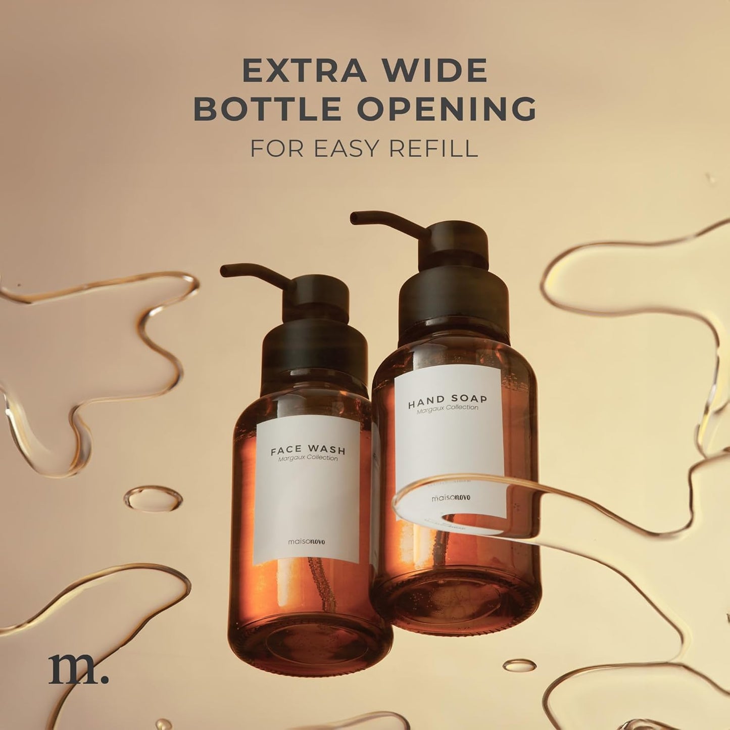 MaisoNovo Glass Foaming Soap Dispenser 14 Oz | Amber Glass Black Pumps x 2 with Tray