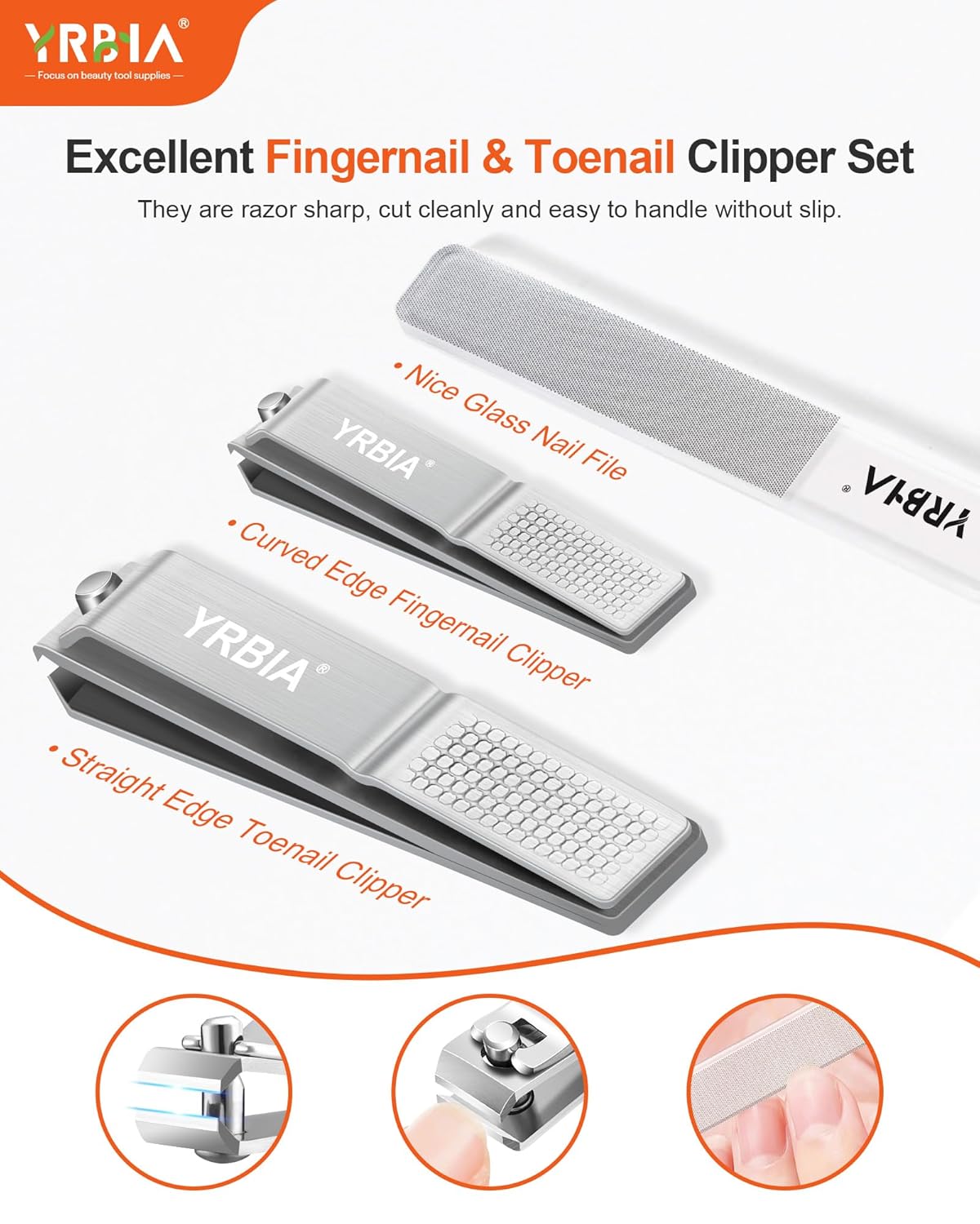 Nail Clippers with Glass Nail File, YRBIA Ultra Sharp Nail Clipper Set, Professional Fingernail & Toenail Clippers Nail Cutter for Men and Women (Silver)