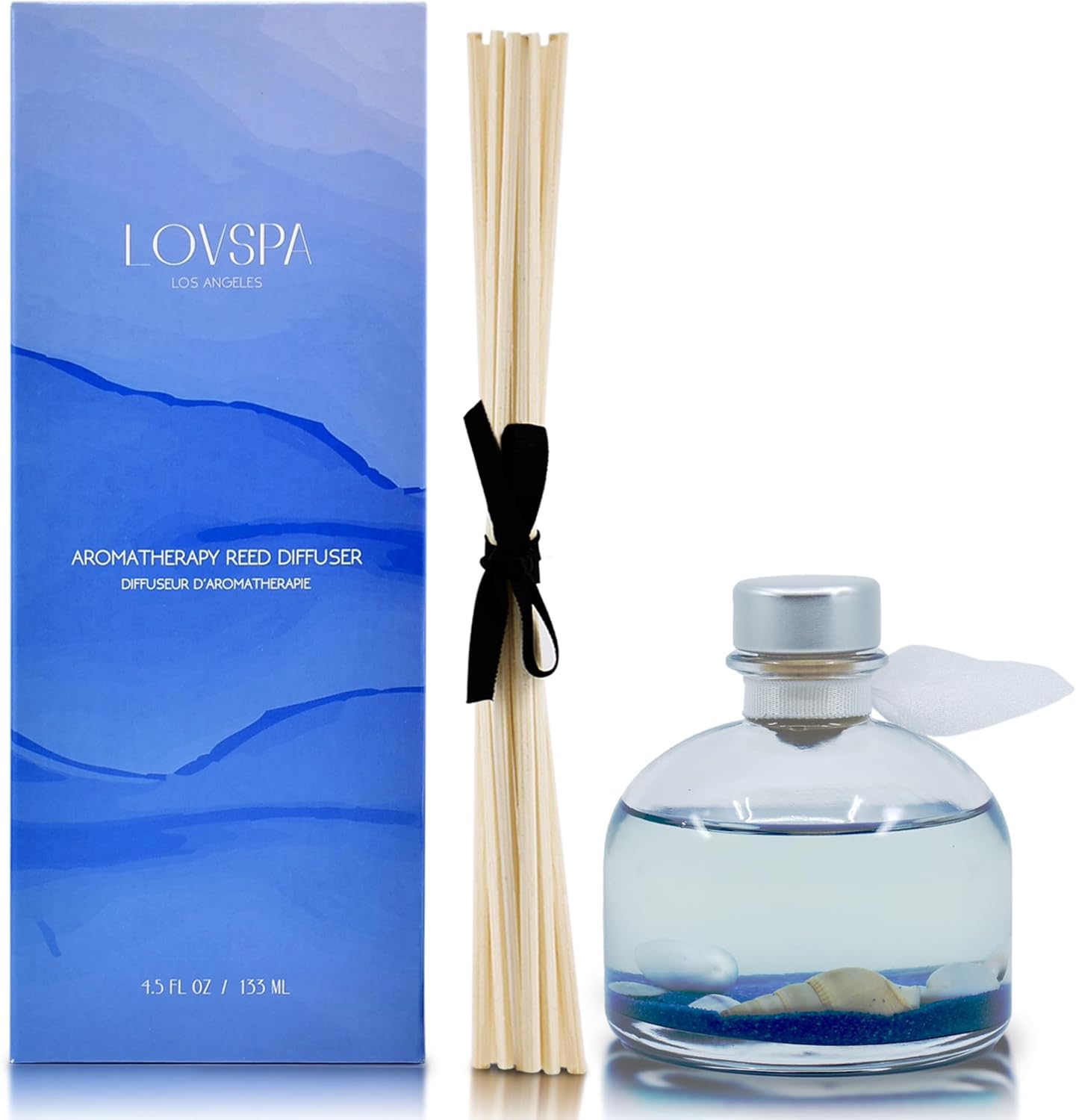LOVSPA Reed Diffuser Set, Escape Beach Getaway Scented Oil Diffuser with Sticks, Home Fragrance Accessories for Bathroom Shelf Decor, Aroma Diffusers for Home or Office Desk, USA Made