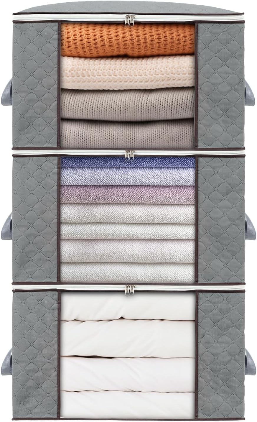 combocube 3 Pack Closet Organizers and Storage Containers, Clothes Storage Bins, Storage Bags with Large Clear Window & Handles for King Comforter, Pillow, Quilt, Bedding, Clothes