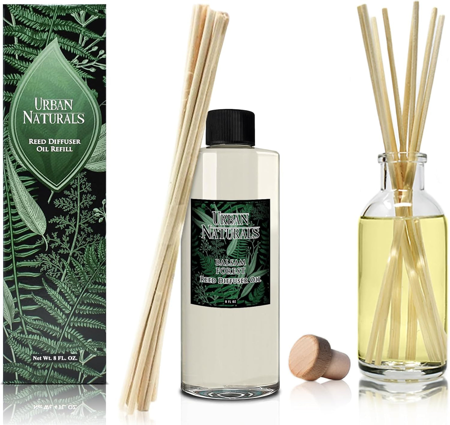 Urban Naturals Reed Diffuser Oil Refill Balsam Forest with Balsam Fir, Pine Needles, Evergreen, Cedar, Sandalwood 8 oz + Free Reed Sticks, Made in The USA