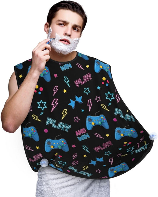No-Slip Shaving Bib, Beard Grooming Apron with Strong Suction Cups, Video Gamers Video Game Blue